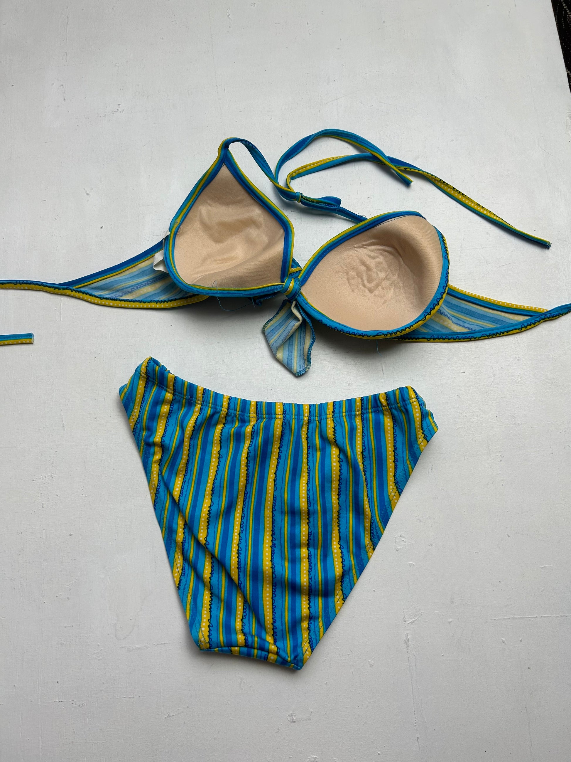 Blue striped mid rise adjustable y2k vintage bikini set + pareo skirt (S)