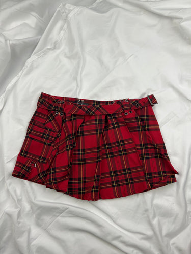 Red check print pleated mini skirt (XS/S)