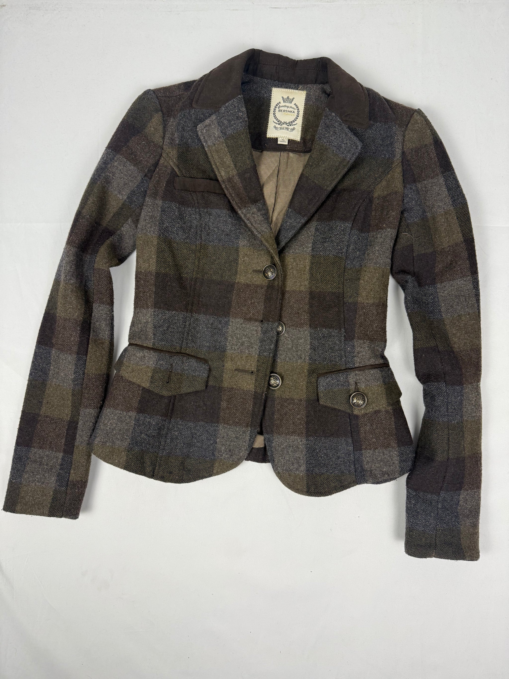 Khaki check print wool office blazer jacket (S)
