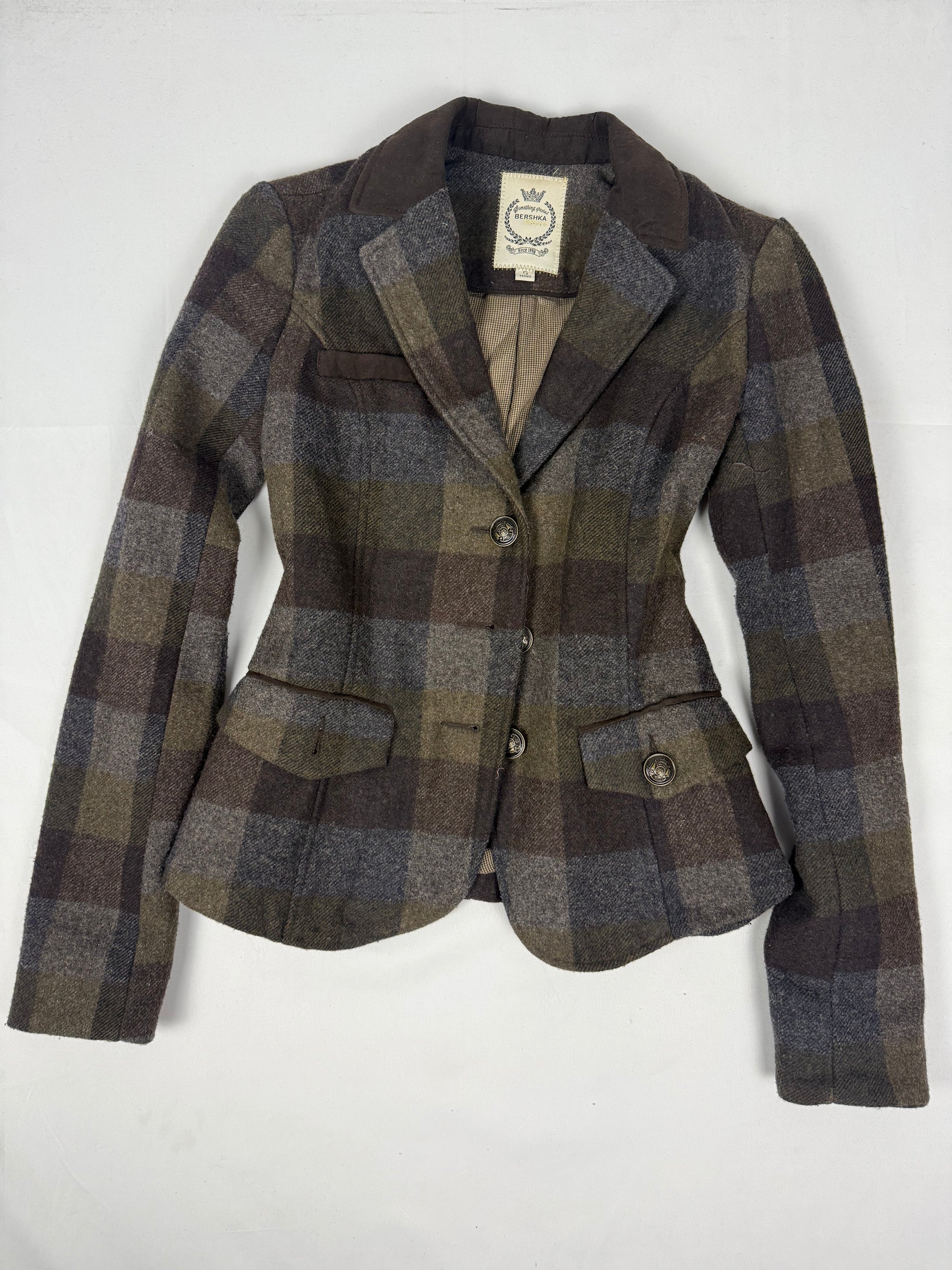 Khaki check print wool office blazer jacket (S)