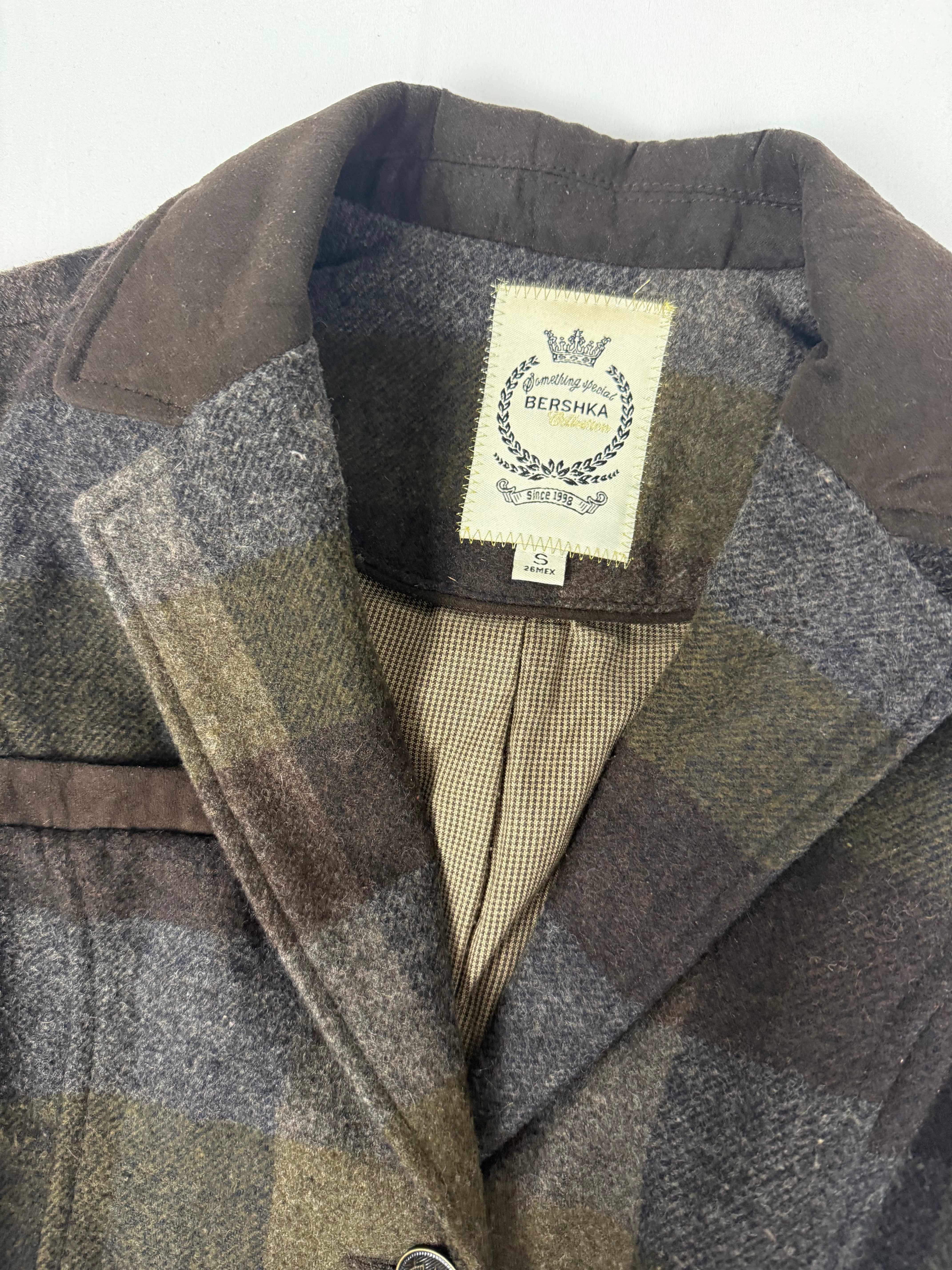 Khaki check print wool office blazer jacket (S)