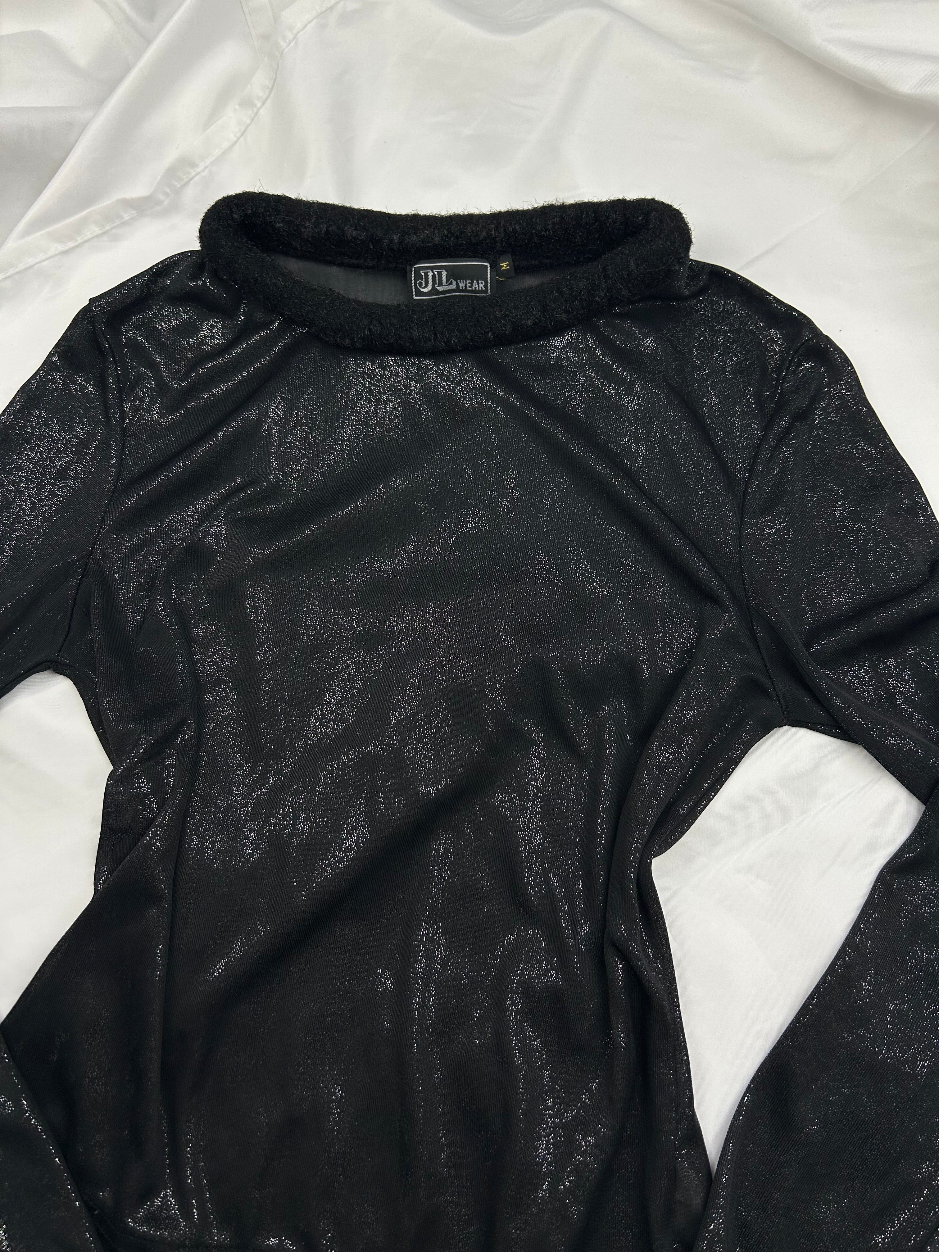 Black mesh faux fur neck long sleeves top (S/M)