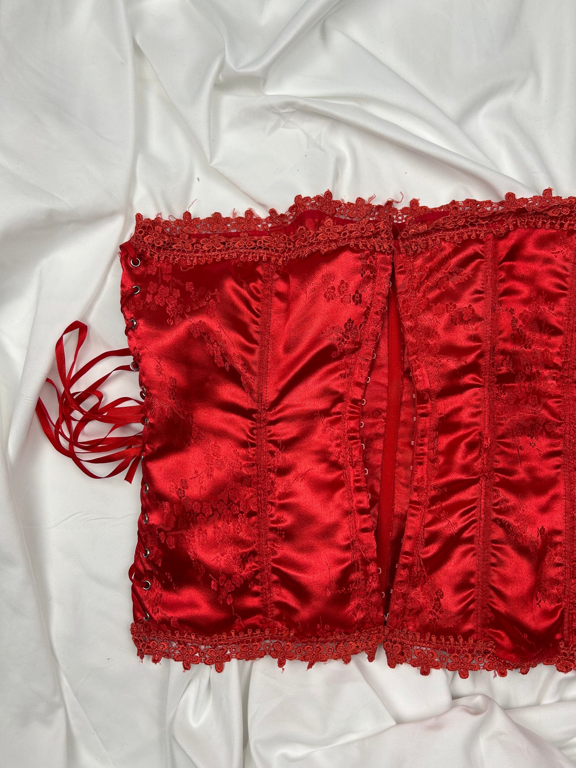 Red satin effect lace up corset top (S/M)