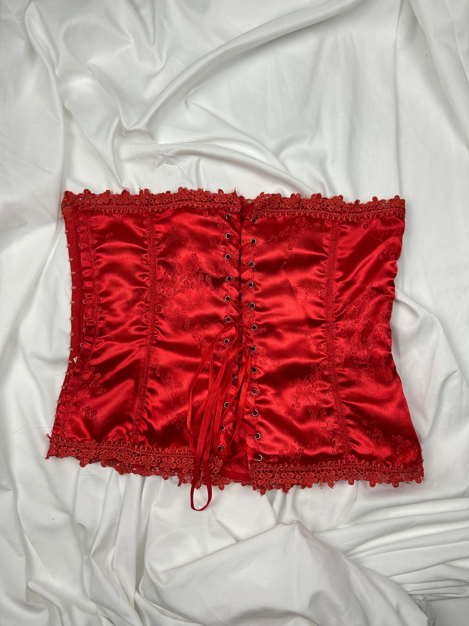 Red satin effect lace up corset top (S/M)