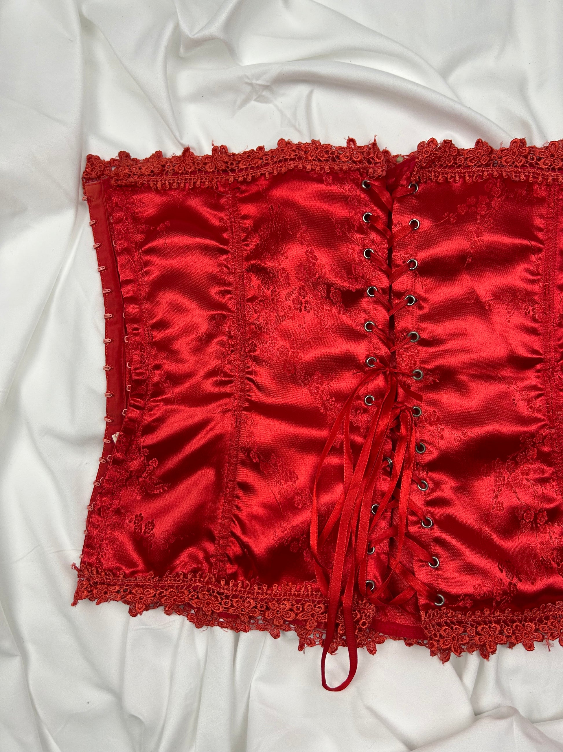 Red satin effect lace up corset top (S/M)