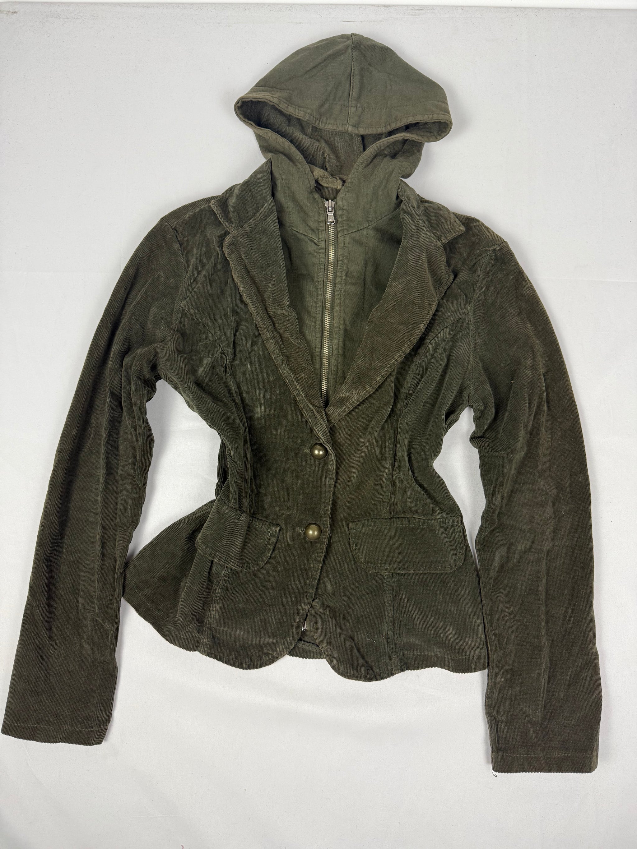 Khaki zip up hooded biker jacket (S/M)