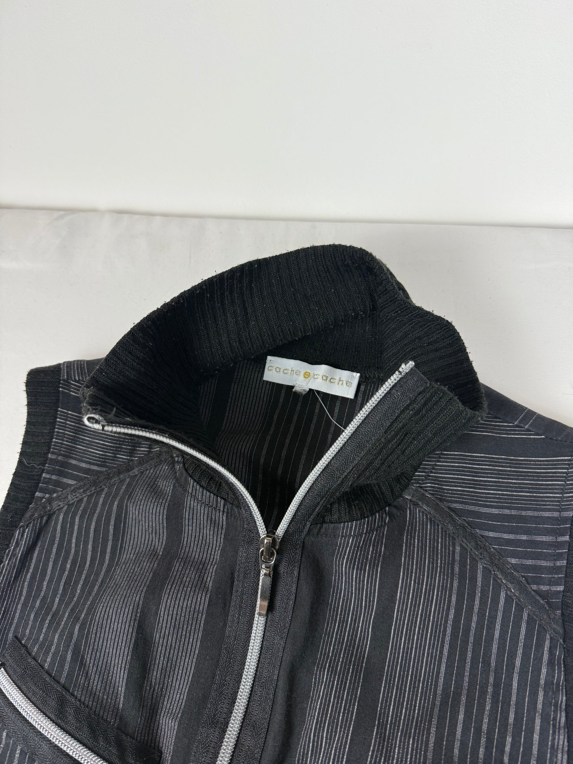 Black striped zip up stretchy tight fit mini dress (M)