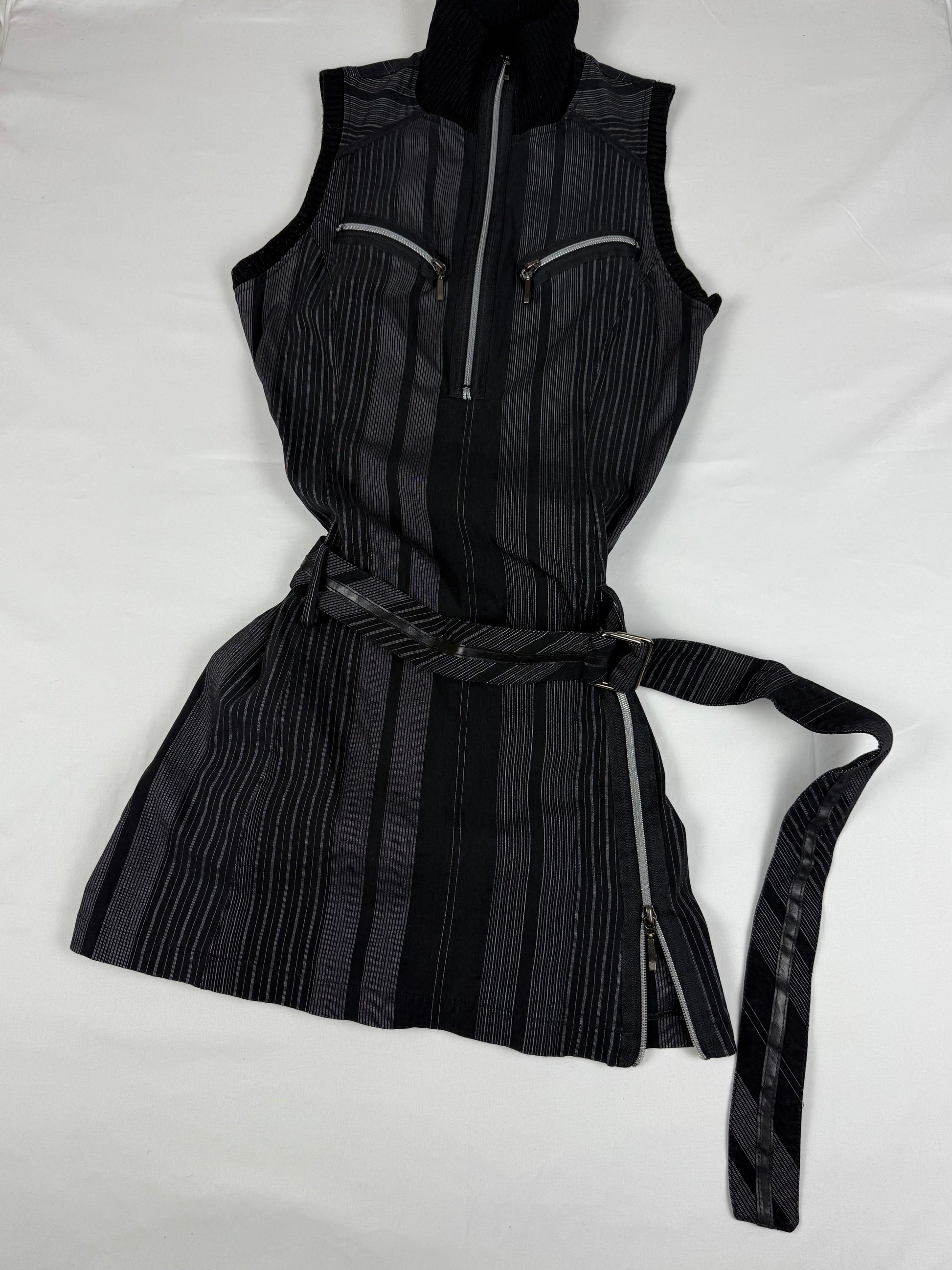 Black striped zip up stretchy tight fit mini dress (M)