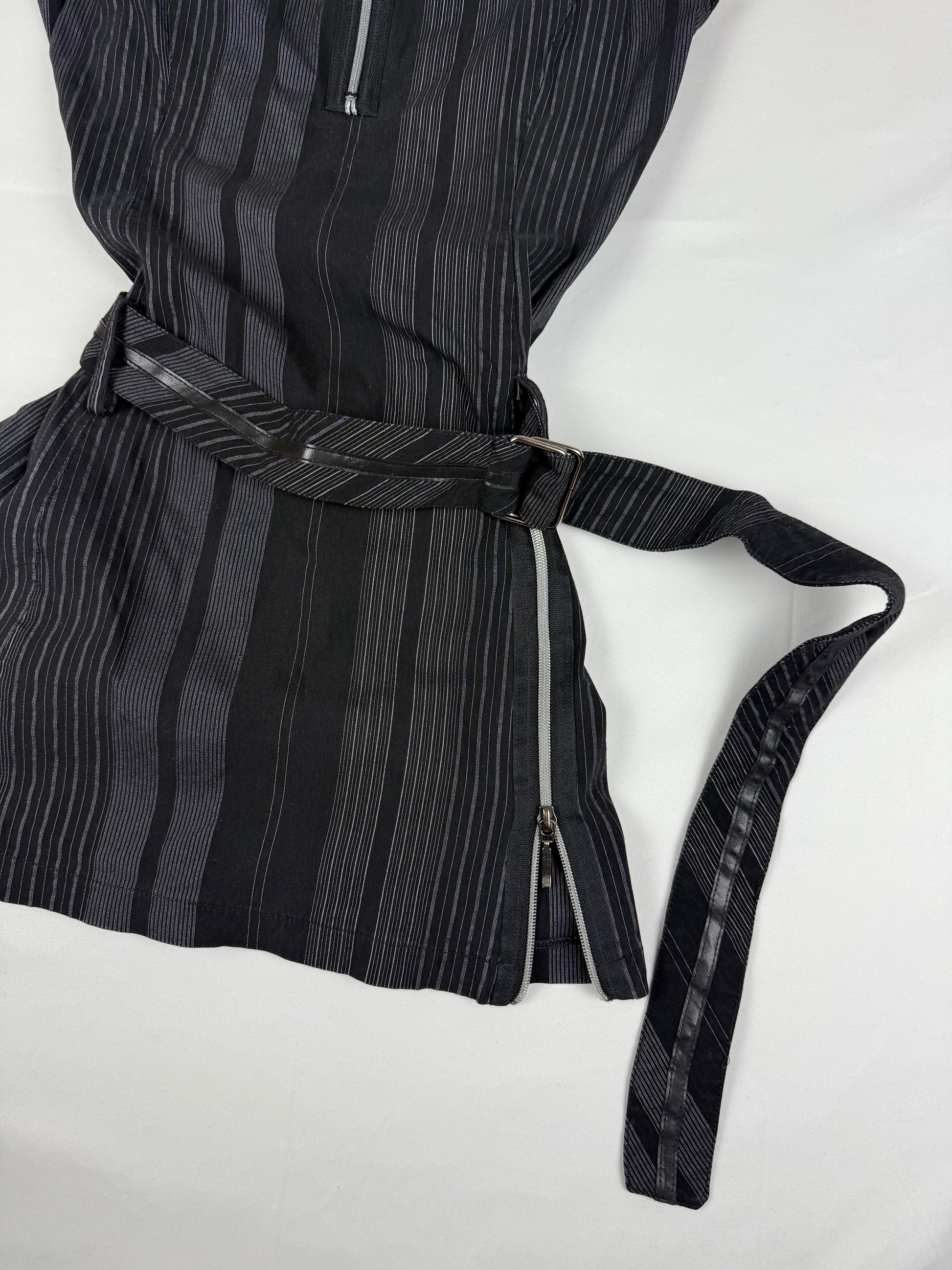 Black striped zip up stretchy tight fit mini dress (M)