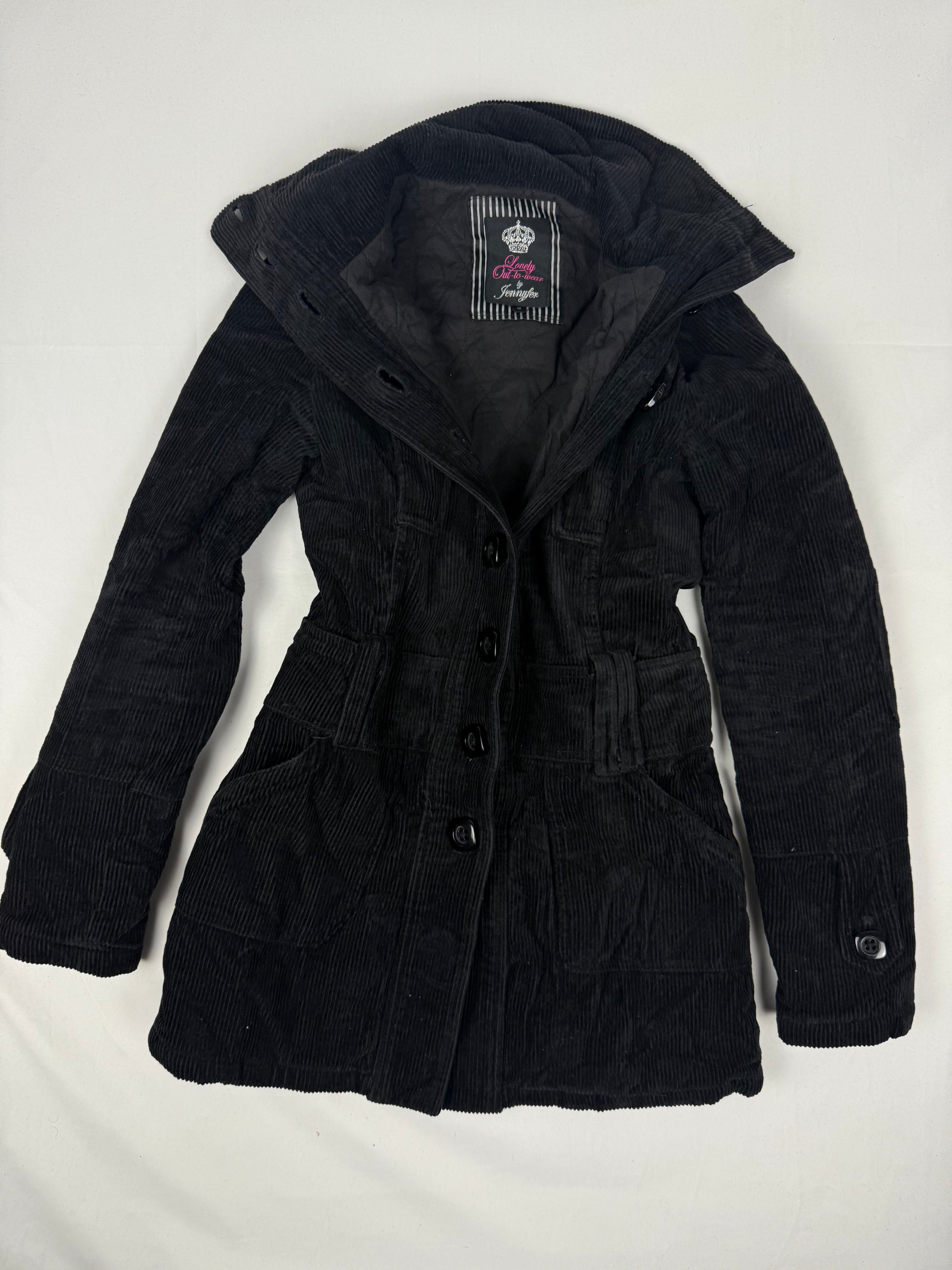 Black velvet ribbed trench coat (S)