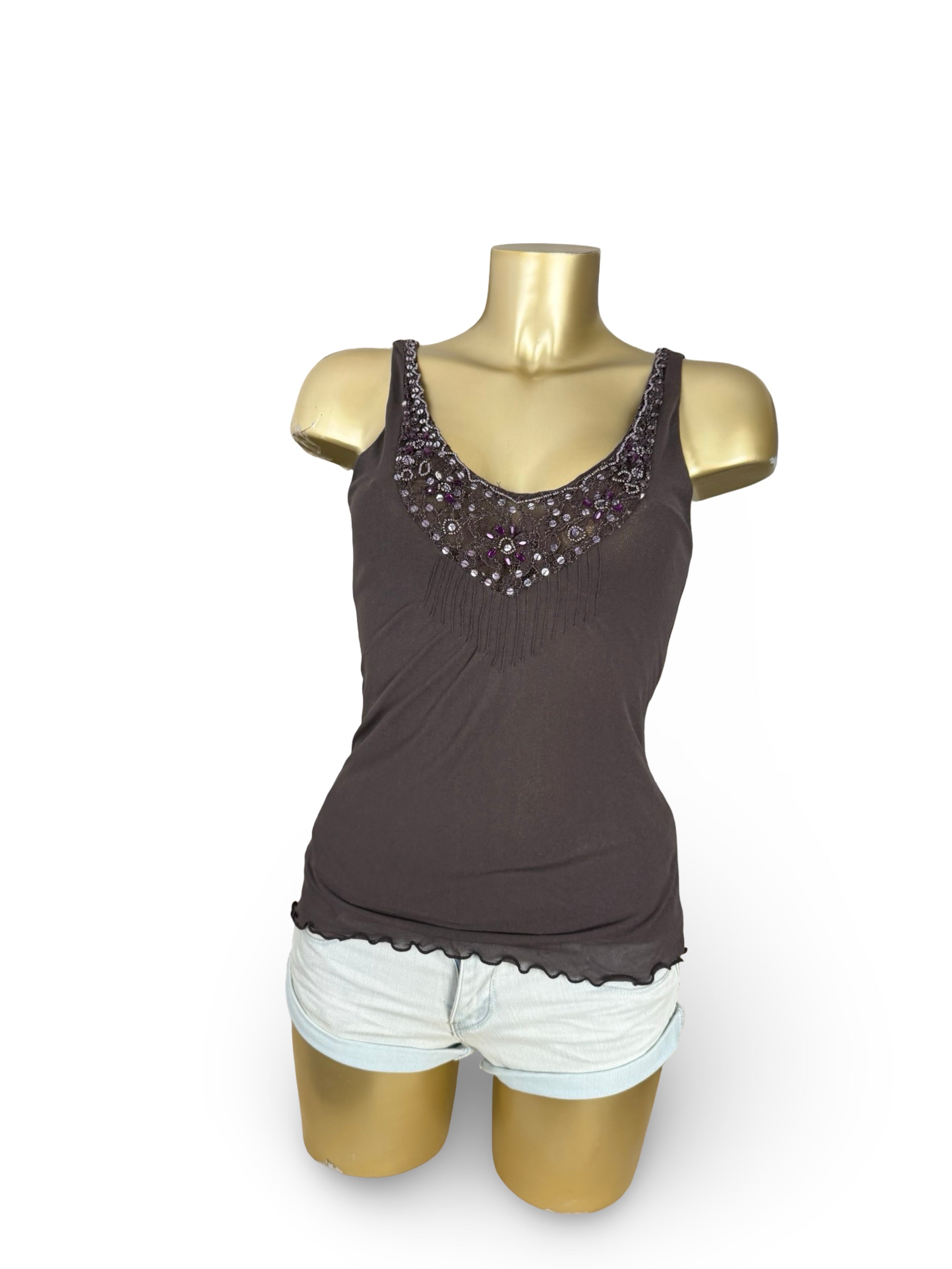 Brown mesh lined pearls top (S)