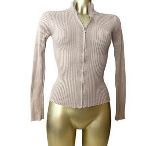 Beige ribbed zip up super stretchy cardigan jumper (M)