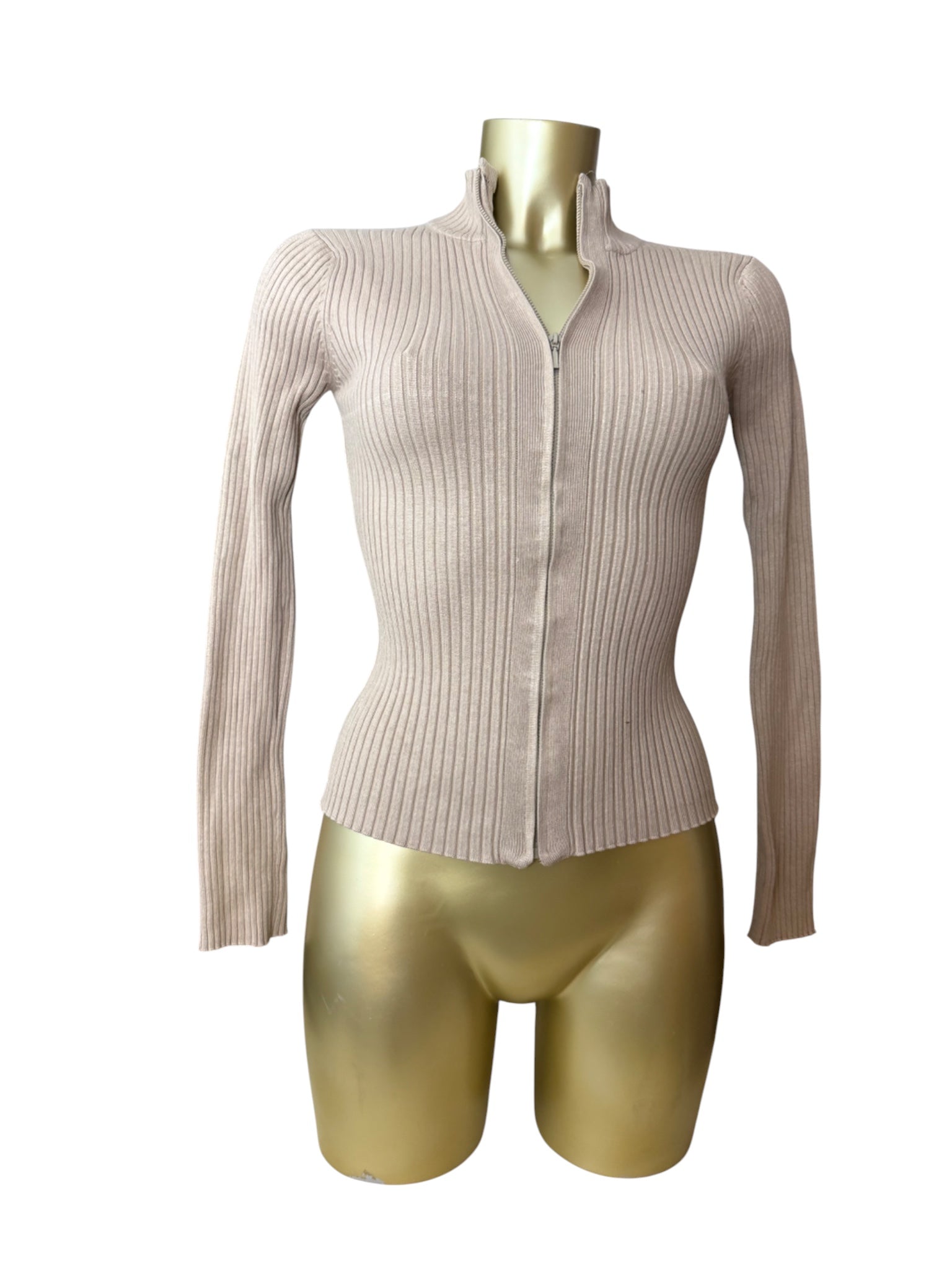 Beige ribbed zip up super stretchy cardigan jumper (M)