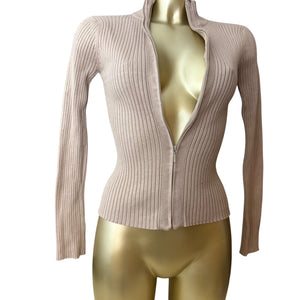 Beige ribbed zip up super stretchy cardigan jumper (M)