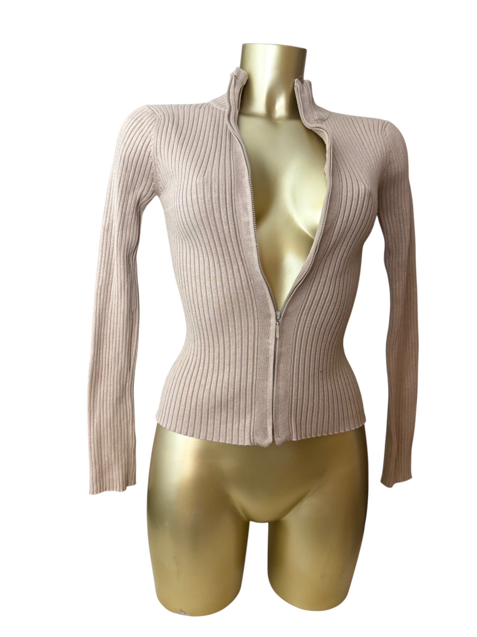 Beige ribbed zip up super stretchy cardigan jumper (M)