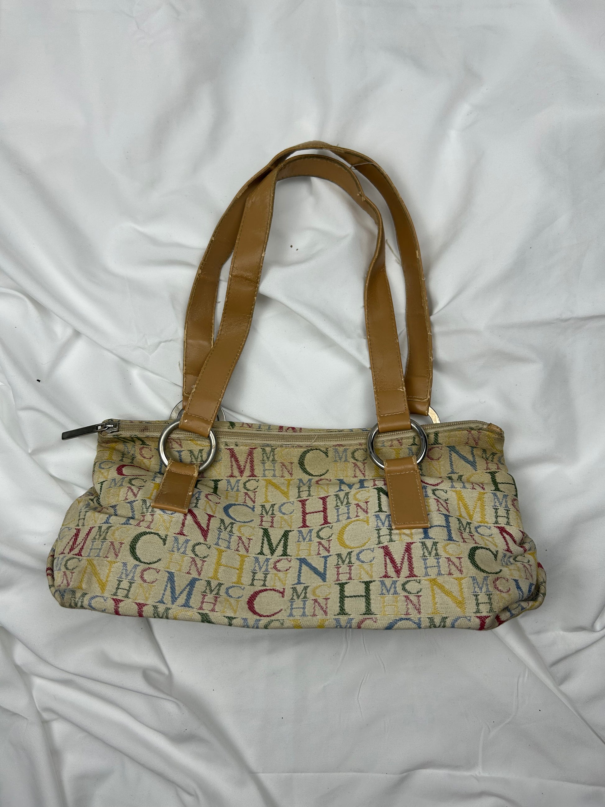 Beige graphic print besace shoulder bag