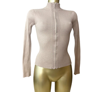Beige ribbed zip up super stretchy cardigan jumper (M)