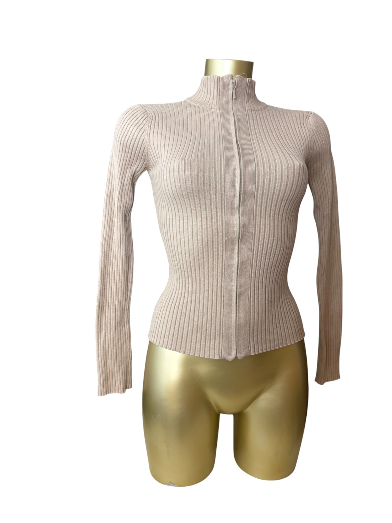 Beige ribbed zip up super stretchy cardigan jumper (M)