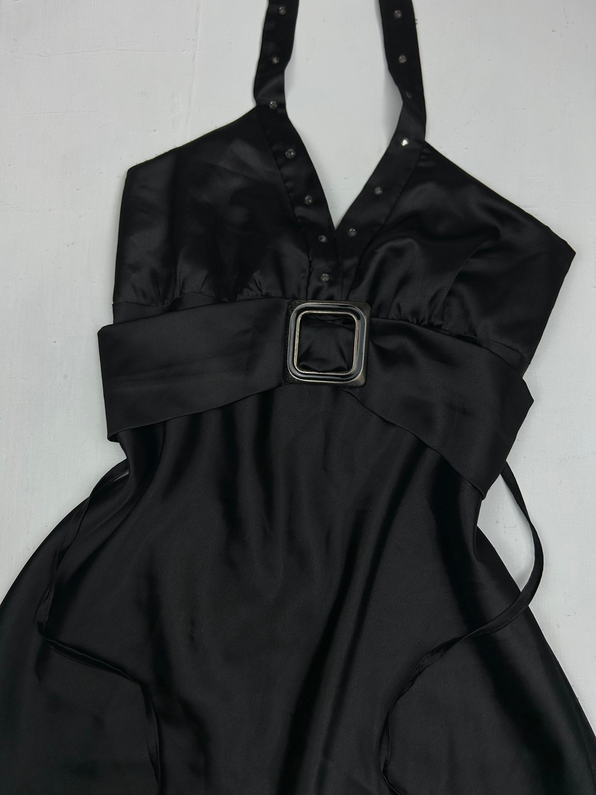 Black satin belt midi dress (S/M)