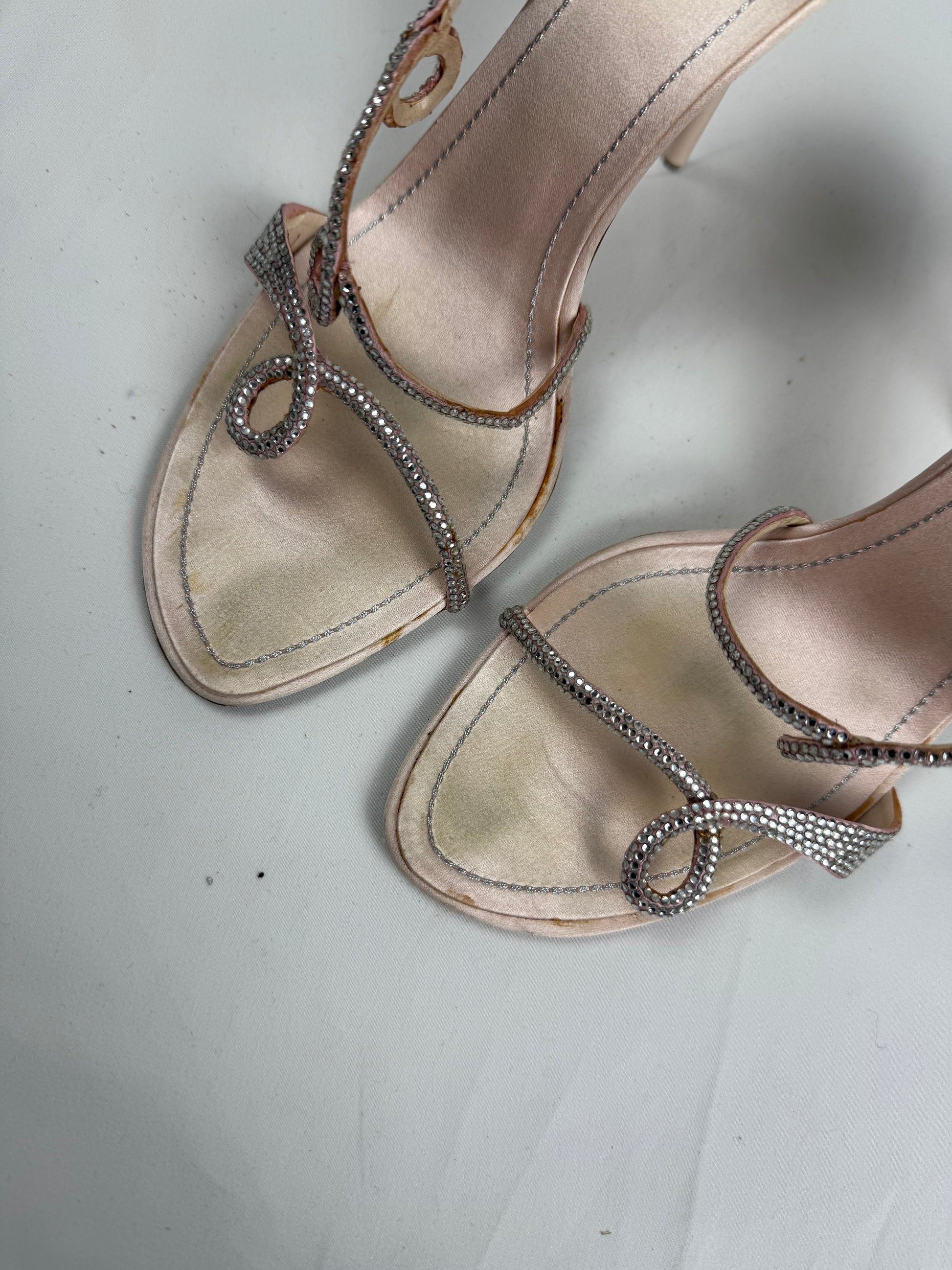 Baby pink rhinestones open toes mules heels (41)