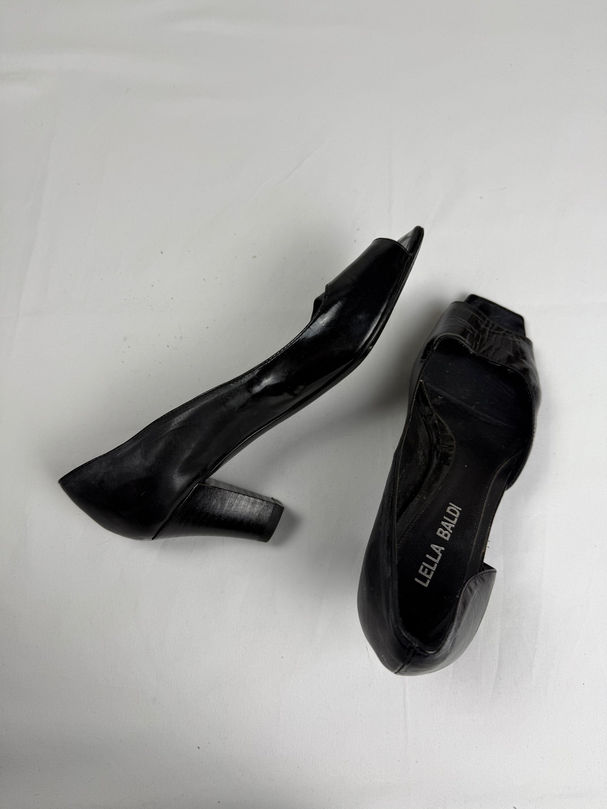 Black real leather open toes square heels (36)