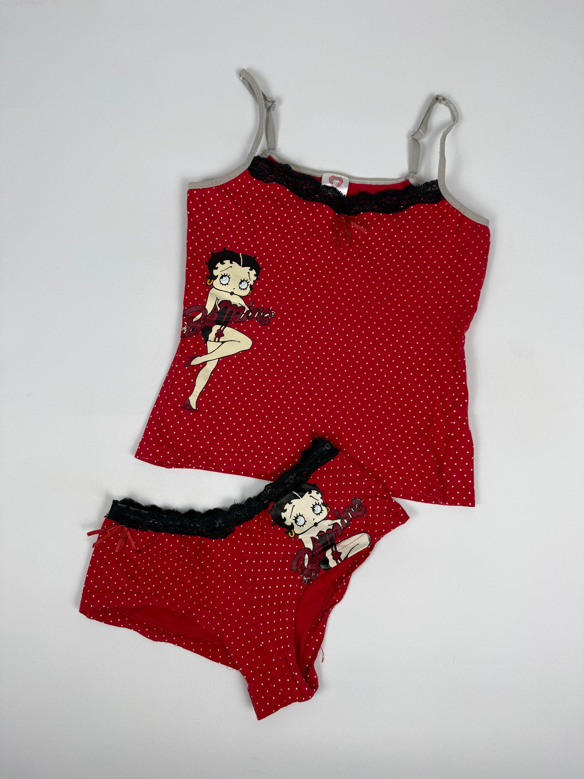 Red polka dots cotton top + shorty set (M)