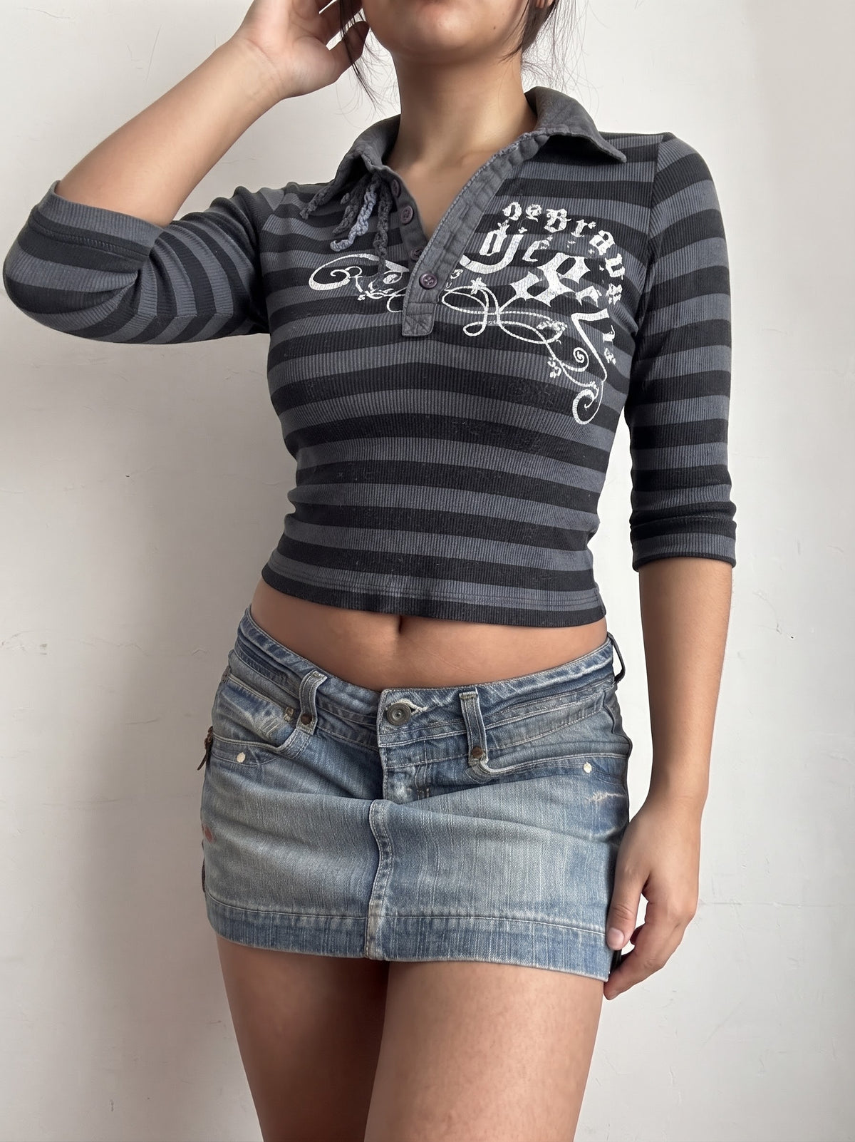 Khaki striped polo neck tee (S)