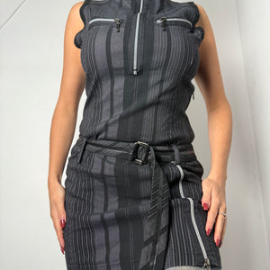 Black striped zip up stretchy tight fit mini dress (M)
