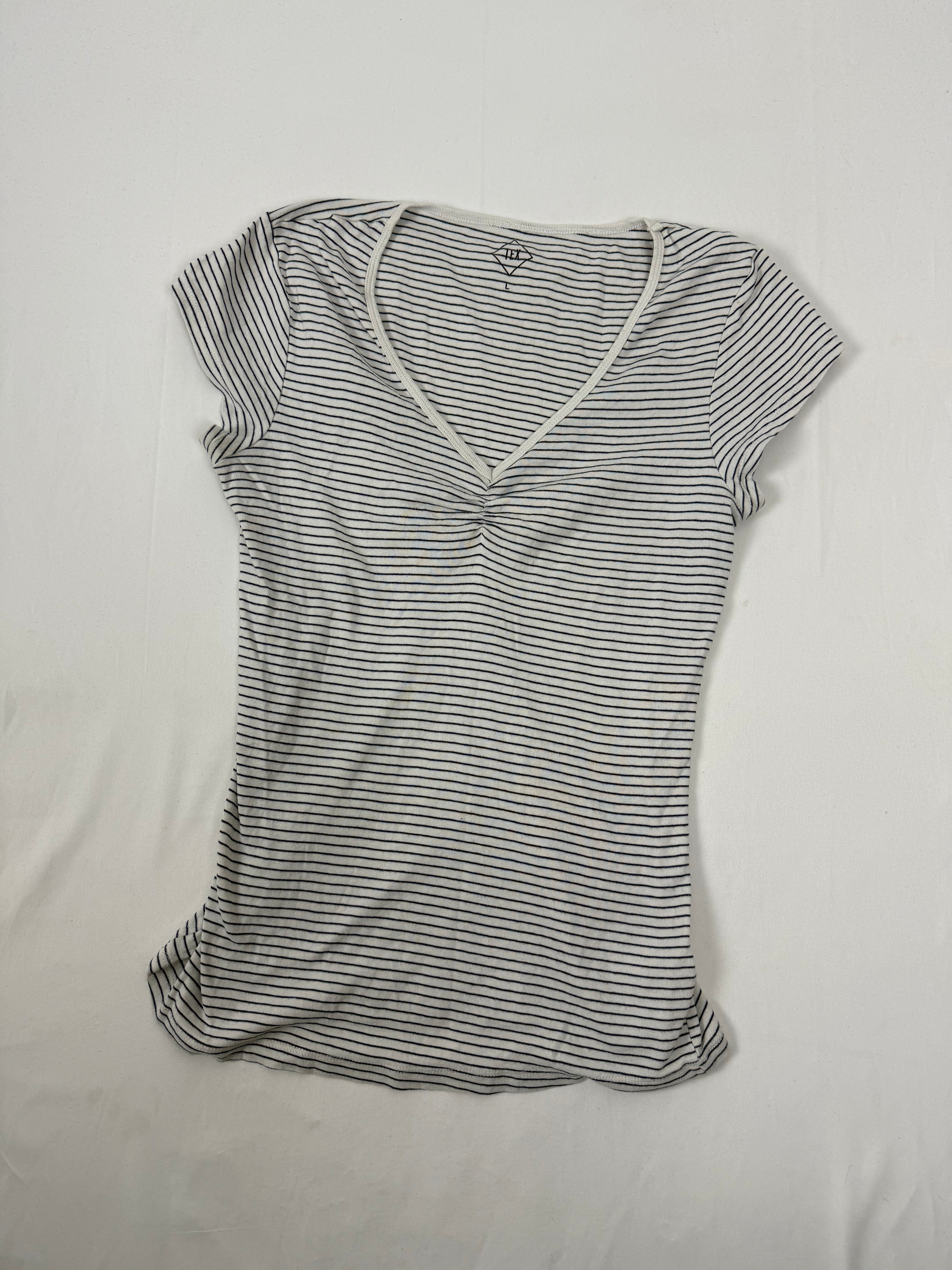 White striped cotton V neck tee (L)