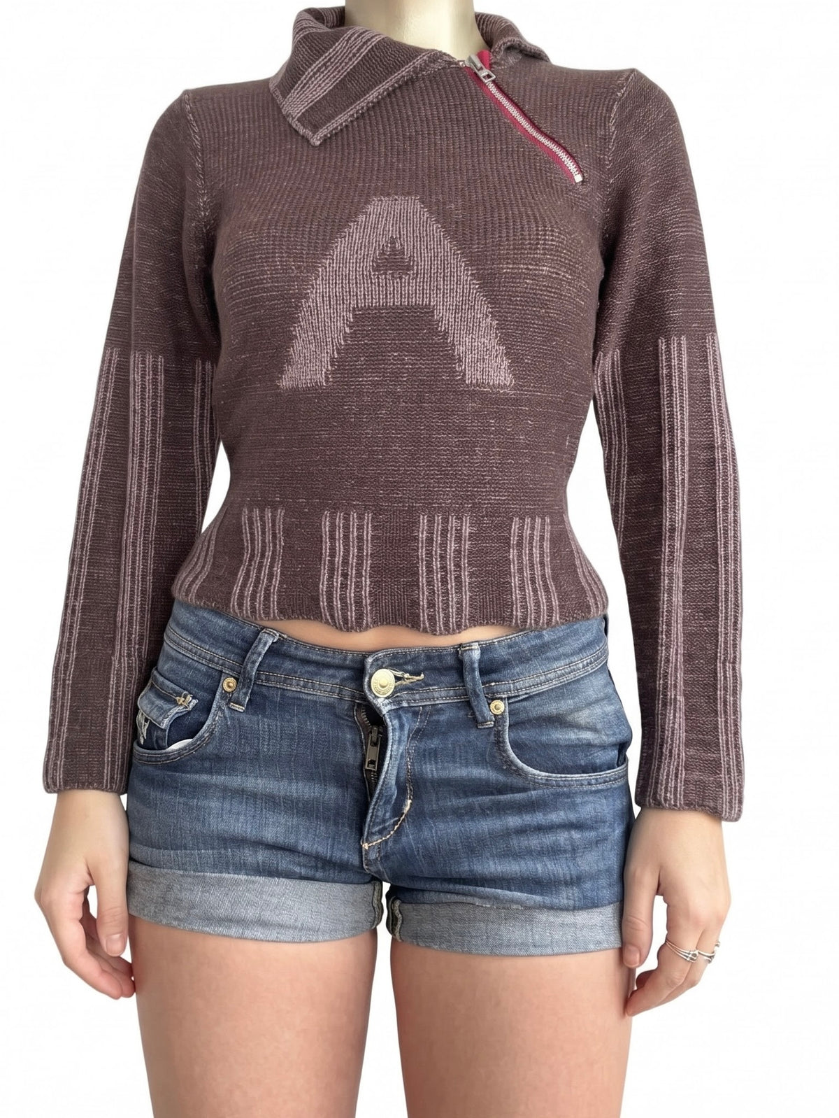 Brown knitted zip up jumper (S)