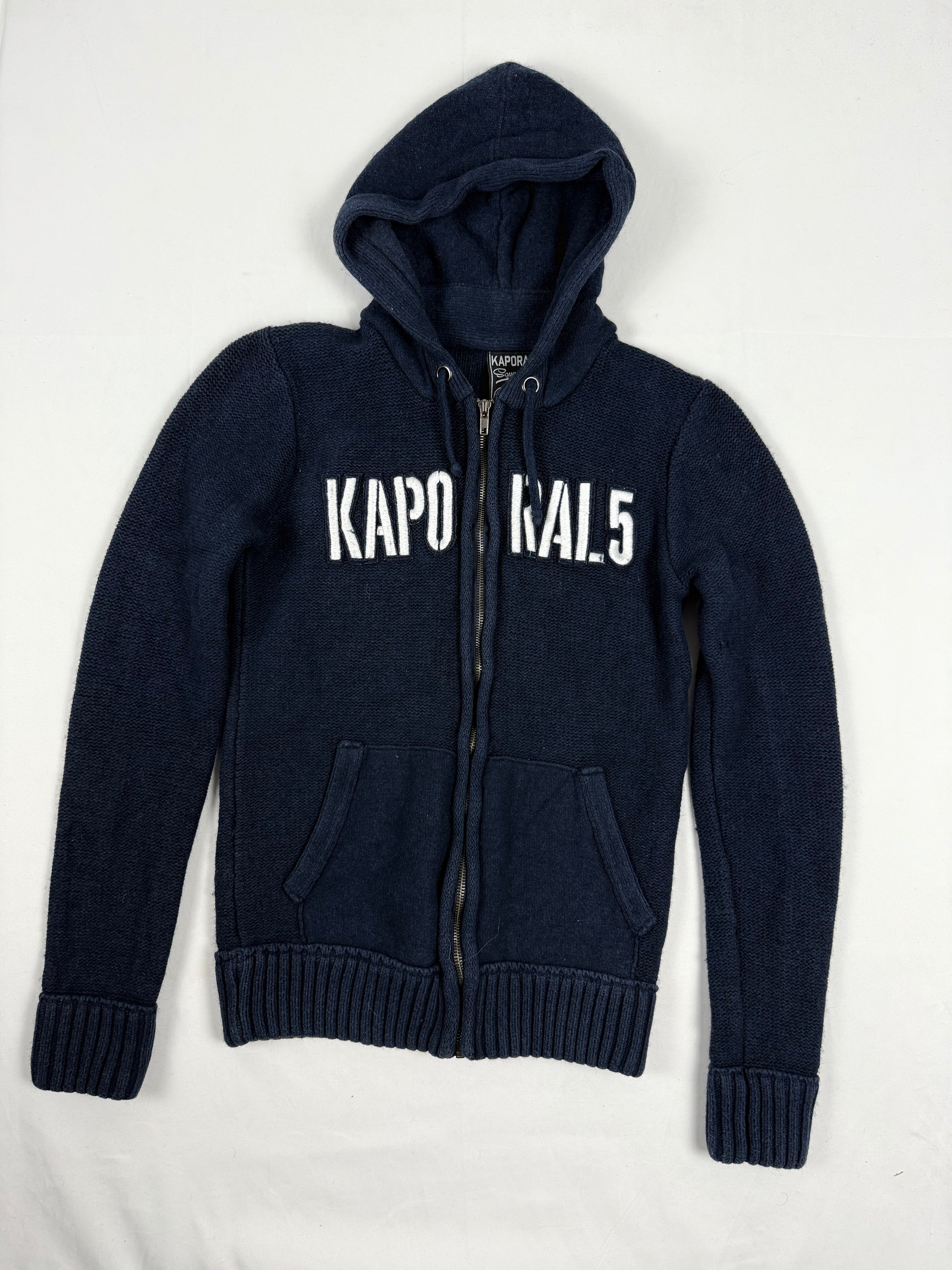 Navy cotton & wool  tight fit zip up knitted hoodie (XS/S)