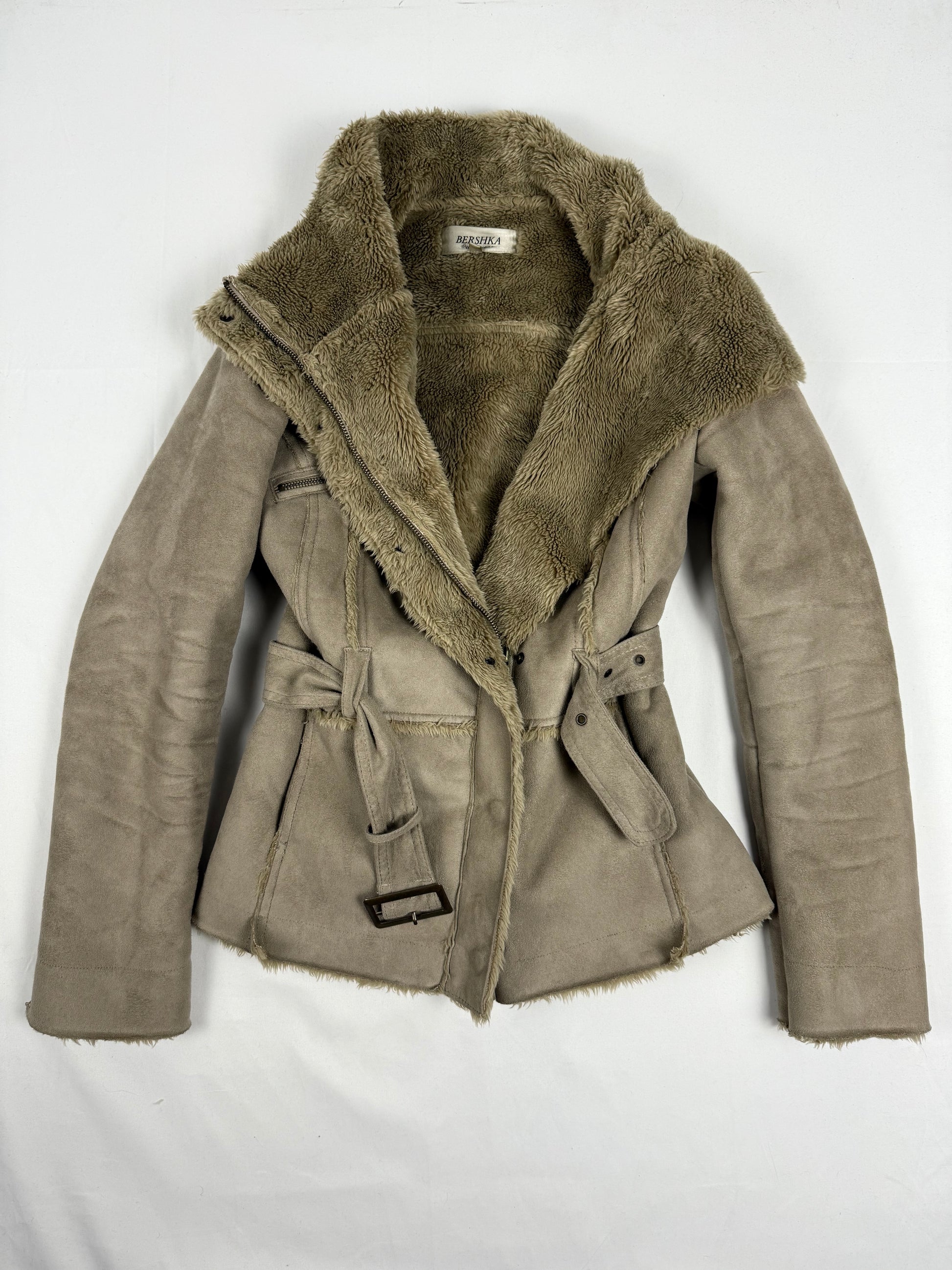 Beige suede inside faux fur tight fit biker coat (S/M)