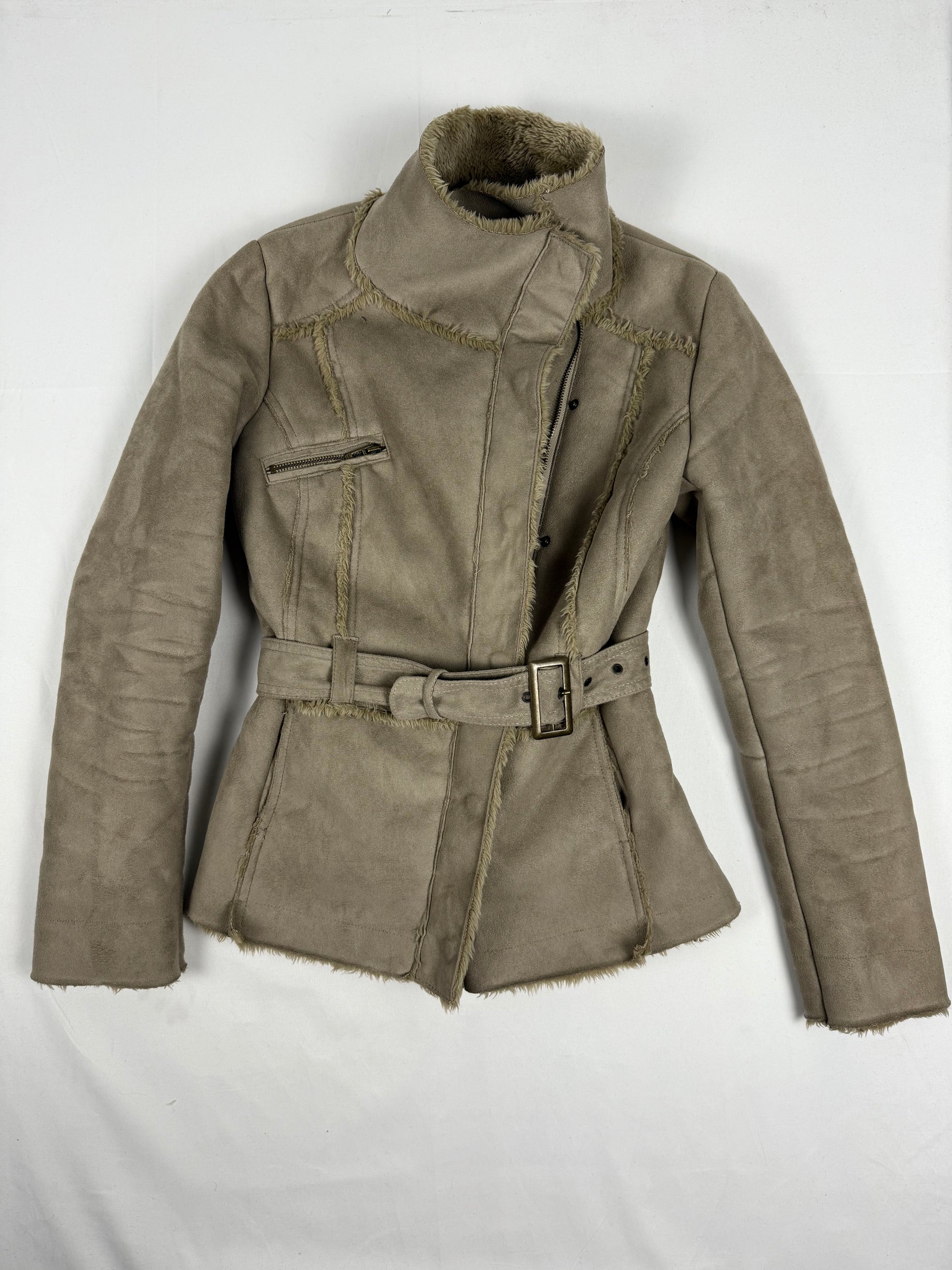 Beige suede inside faux fur tight fit biker coat (S/M)