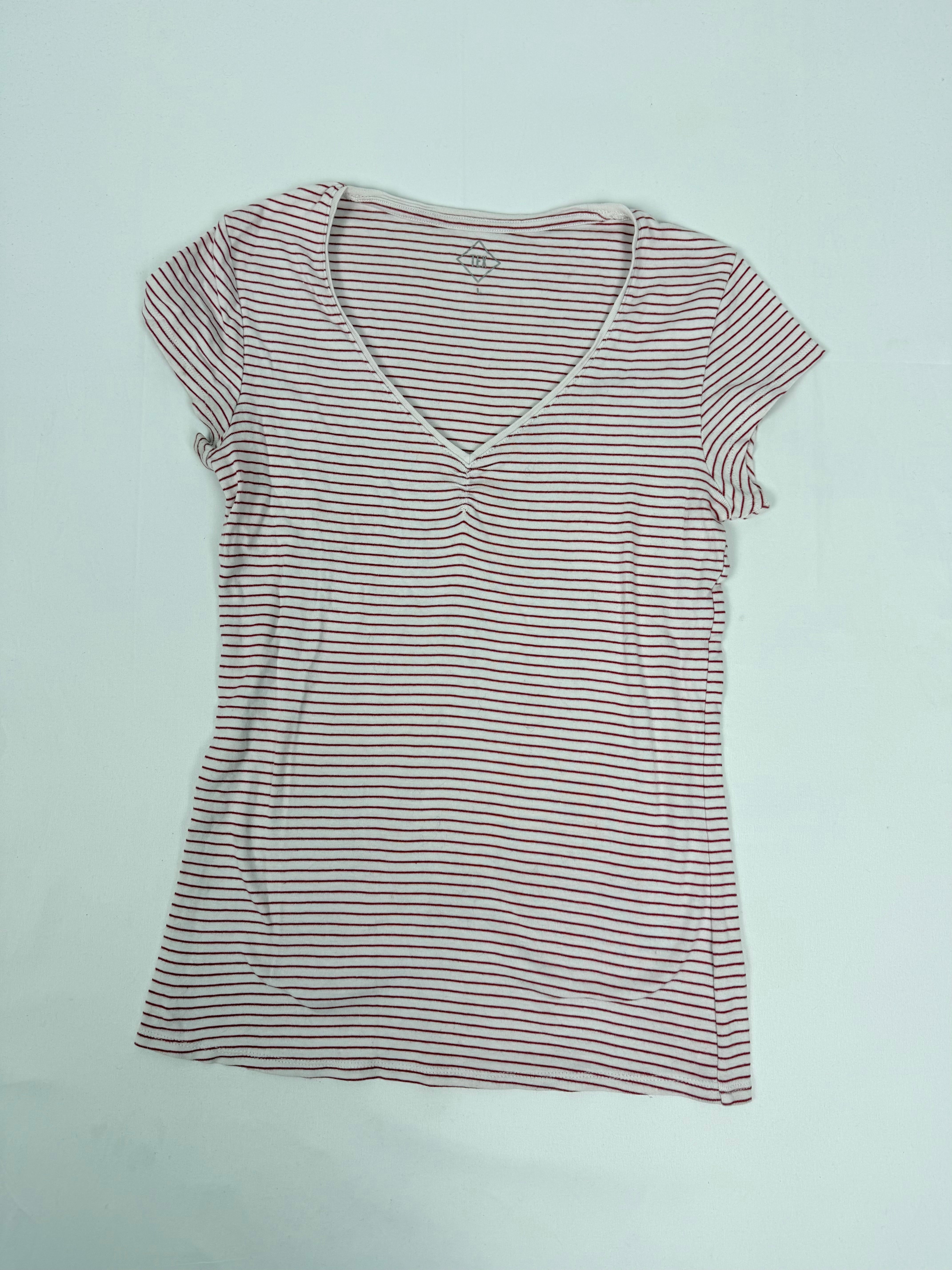 White & red striped cotton V neck tee (L)