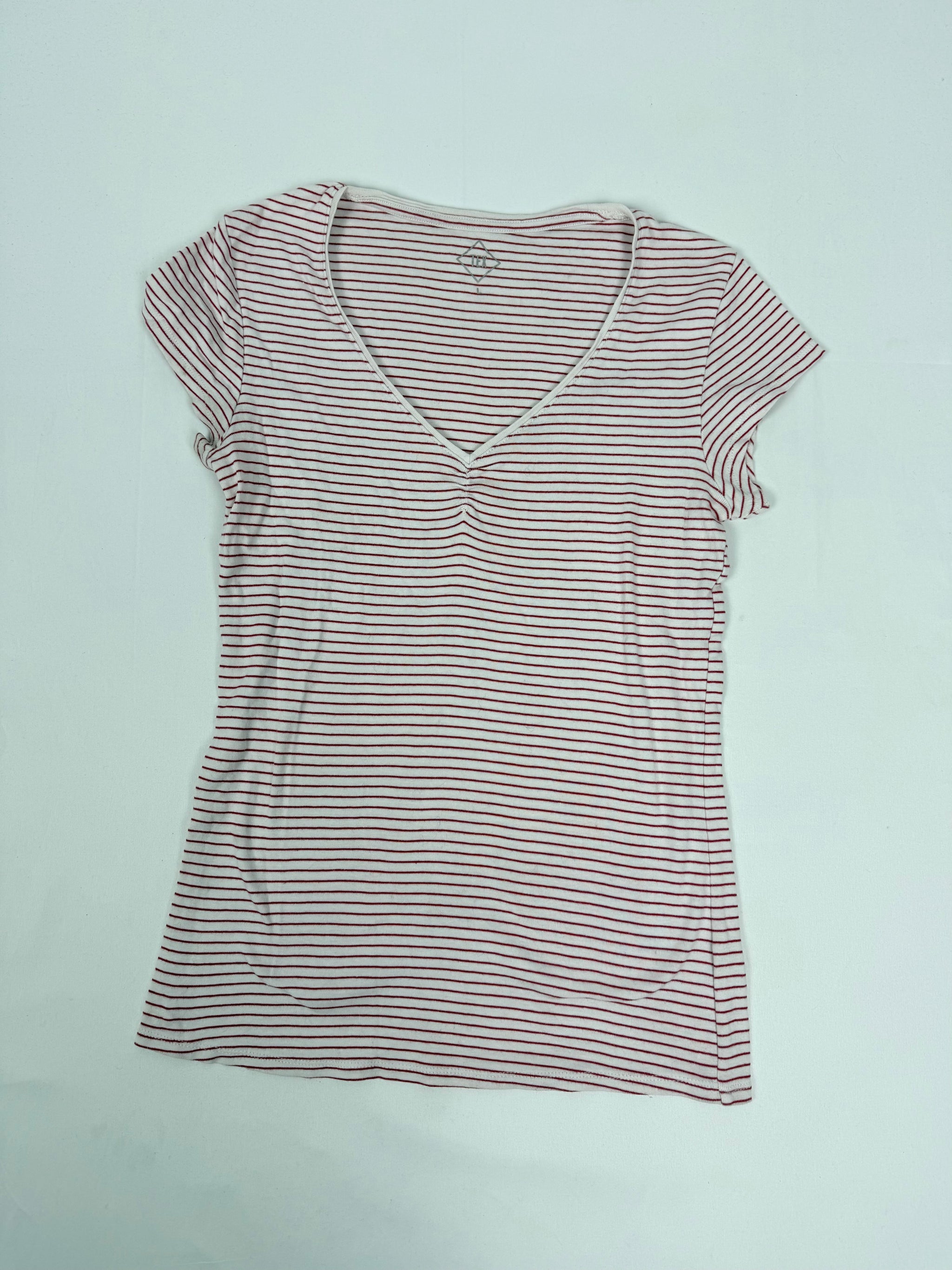 White & red striped cotton V neck tee (L)