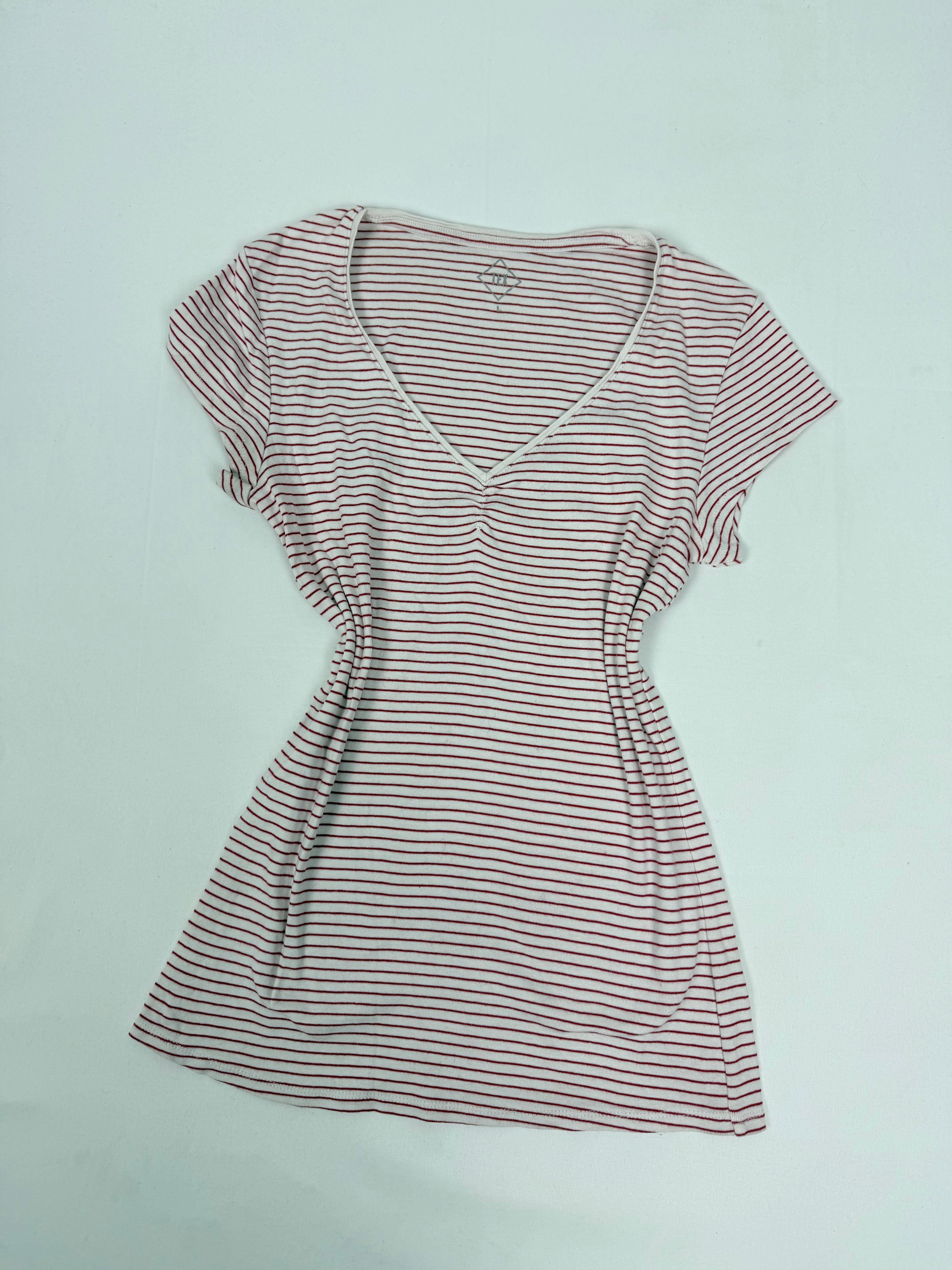 White & red striped cotton V neck tee (L)