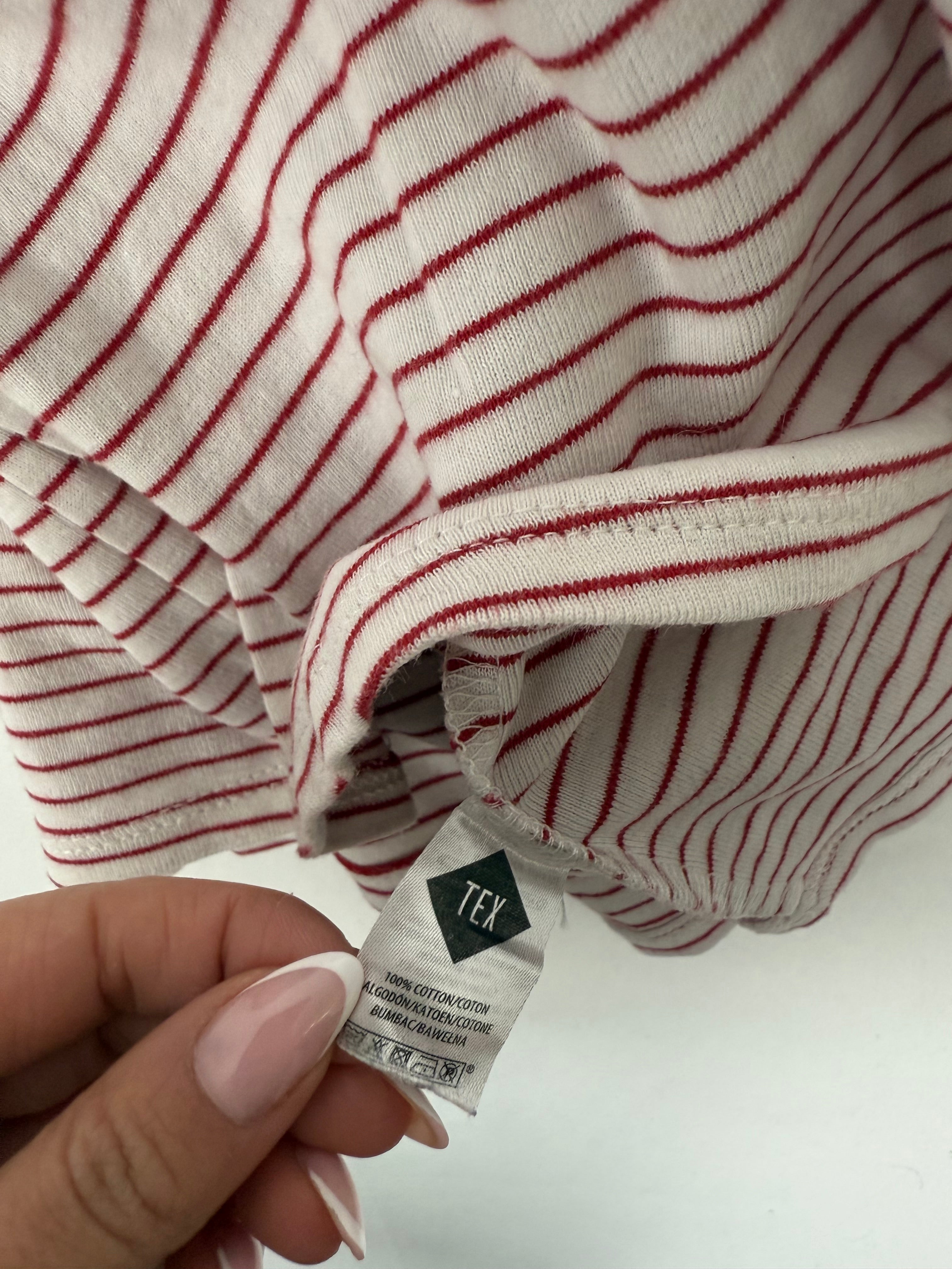 White & red striped cotton V neck tee (L)