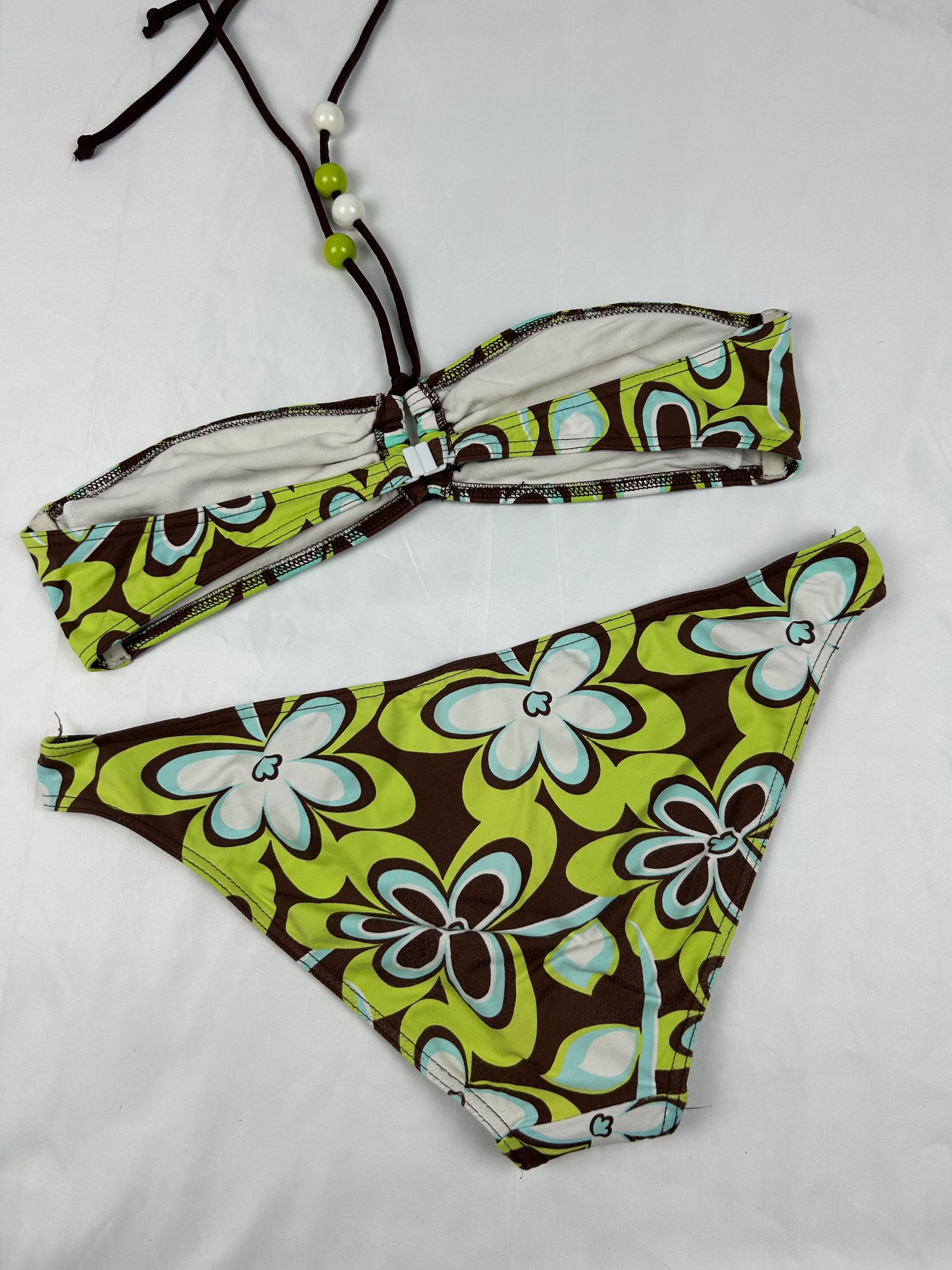 Green floral pearls low rise bikini set (L)