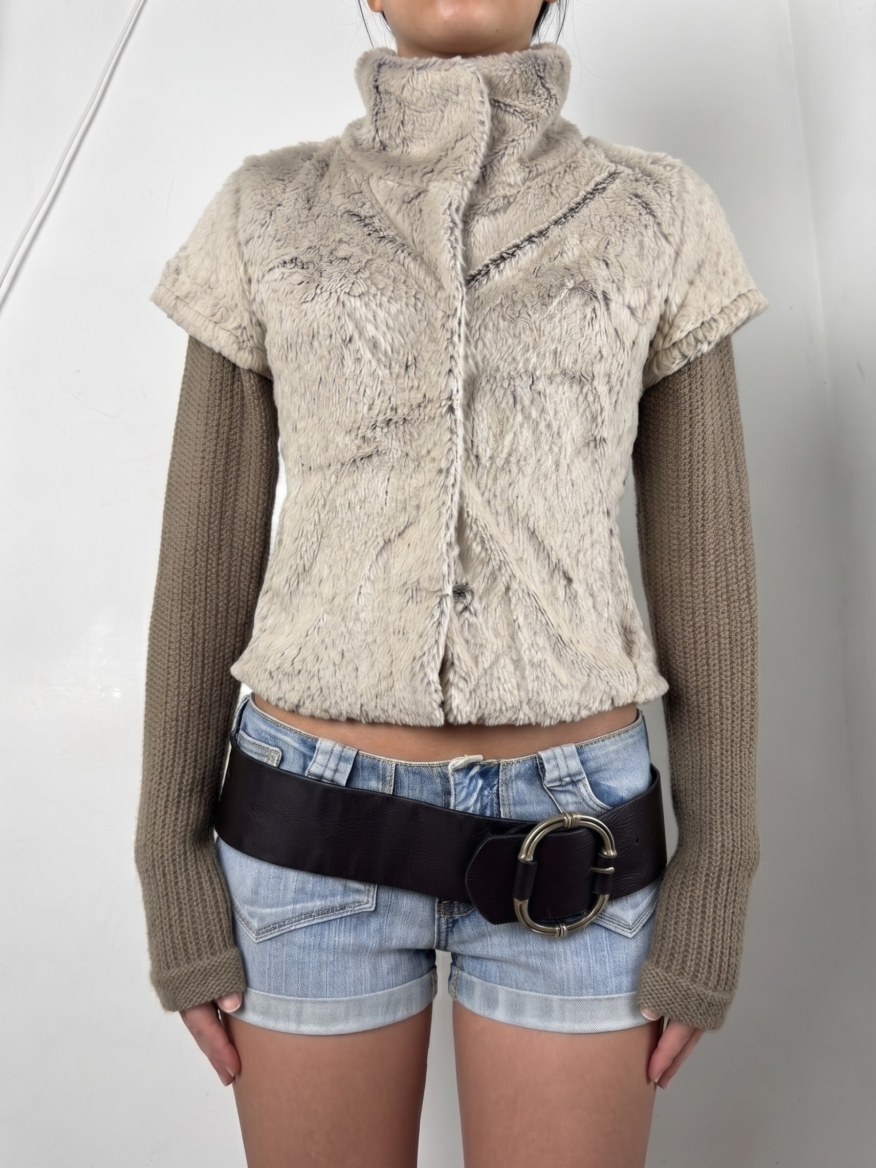 Beige faux fur layer 2 in 1 knitted jacket (S)