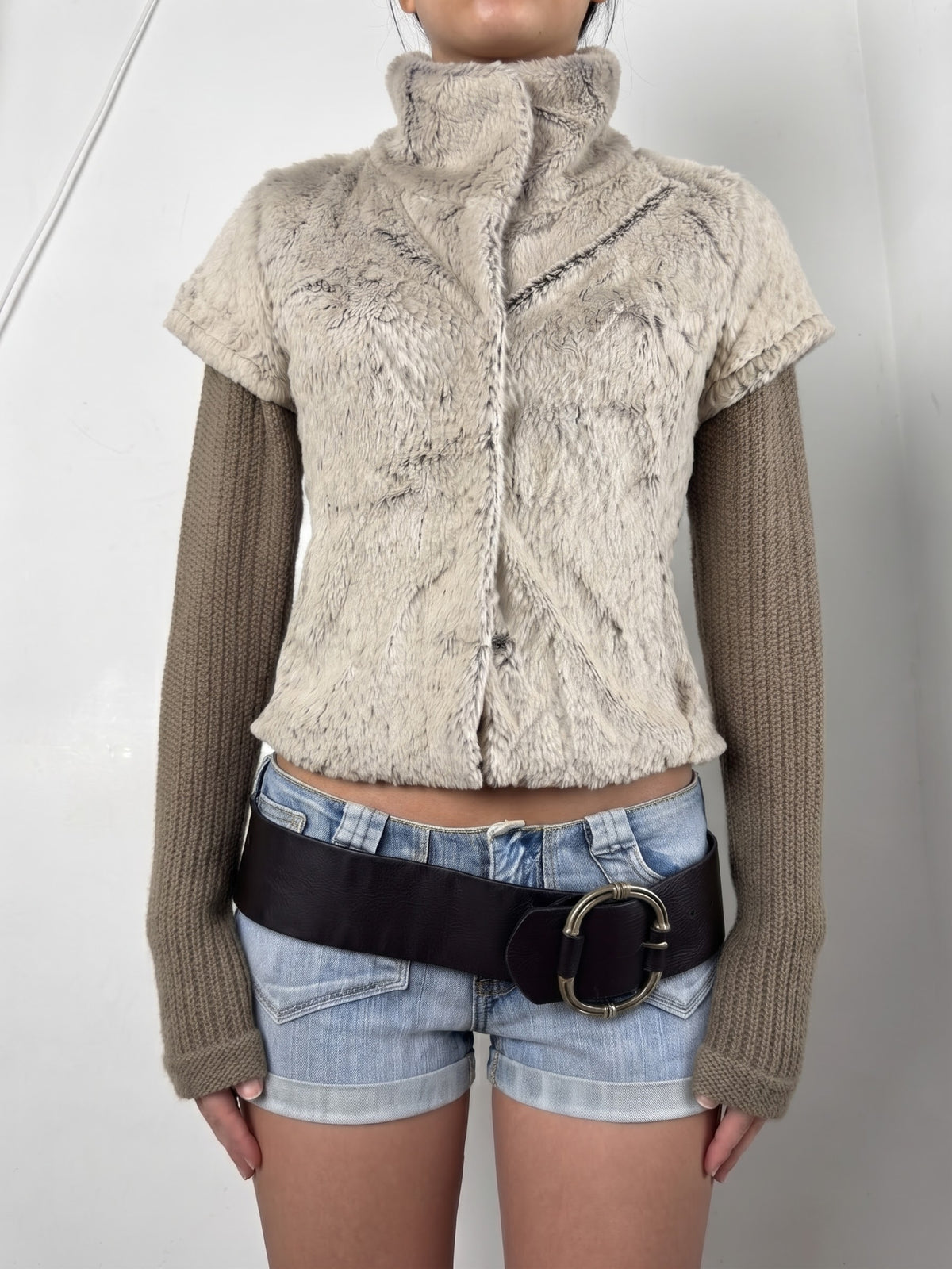 Beige faux fur layer 2 in 1 knitted jacket (S)