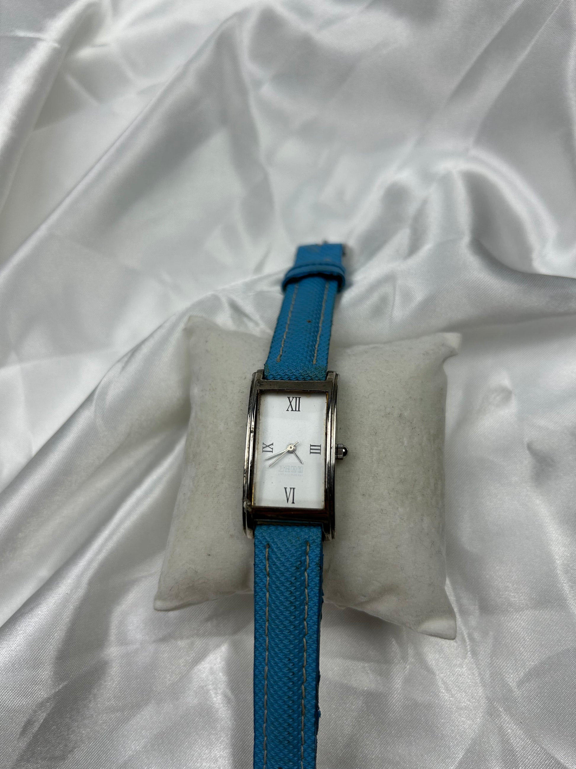 Vintage stainless steel leather blue bracelet watch jewelry