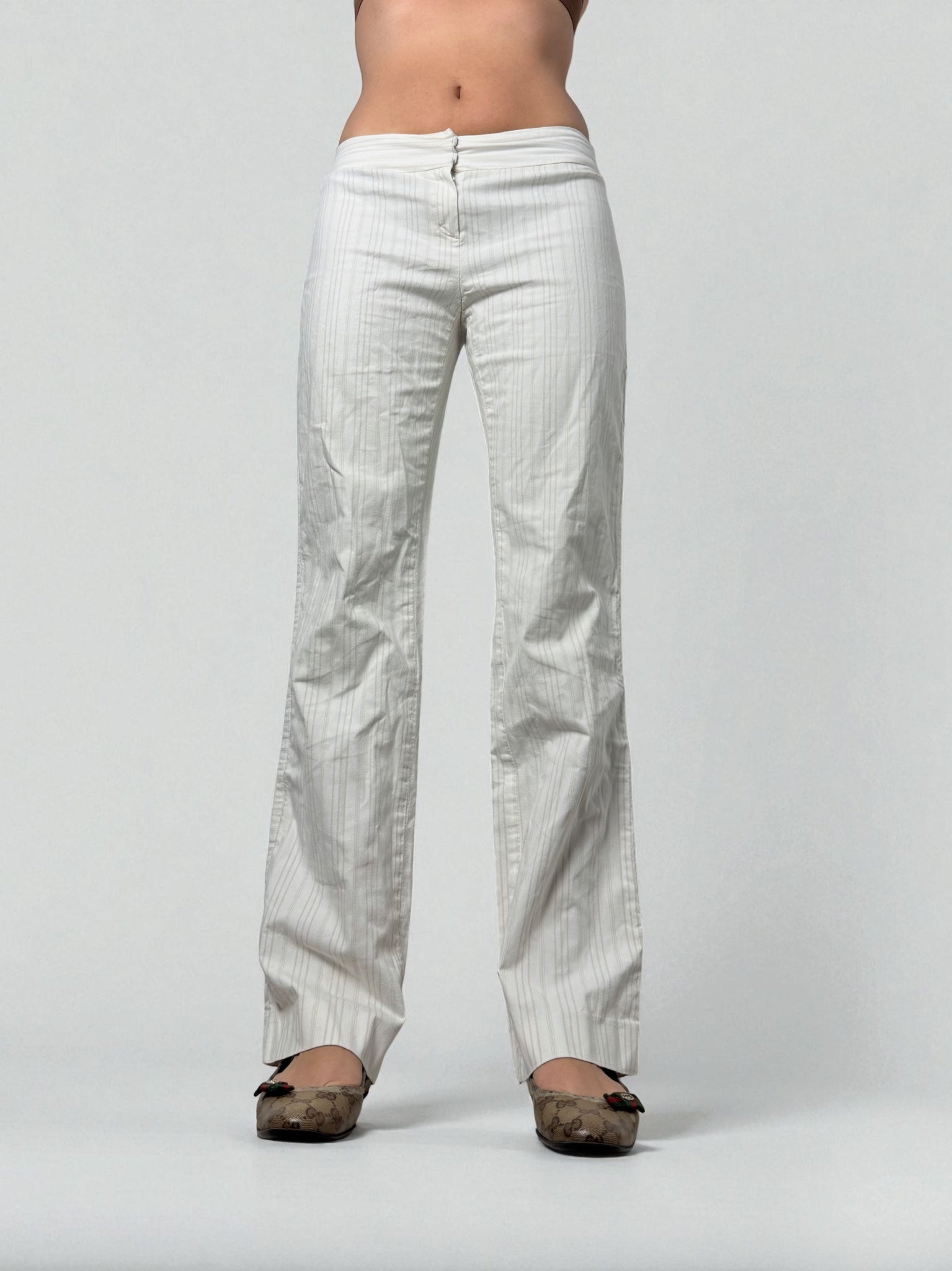 White cream striped cotton low rise office flare pants (M)