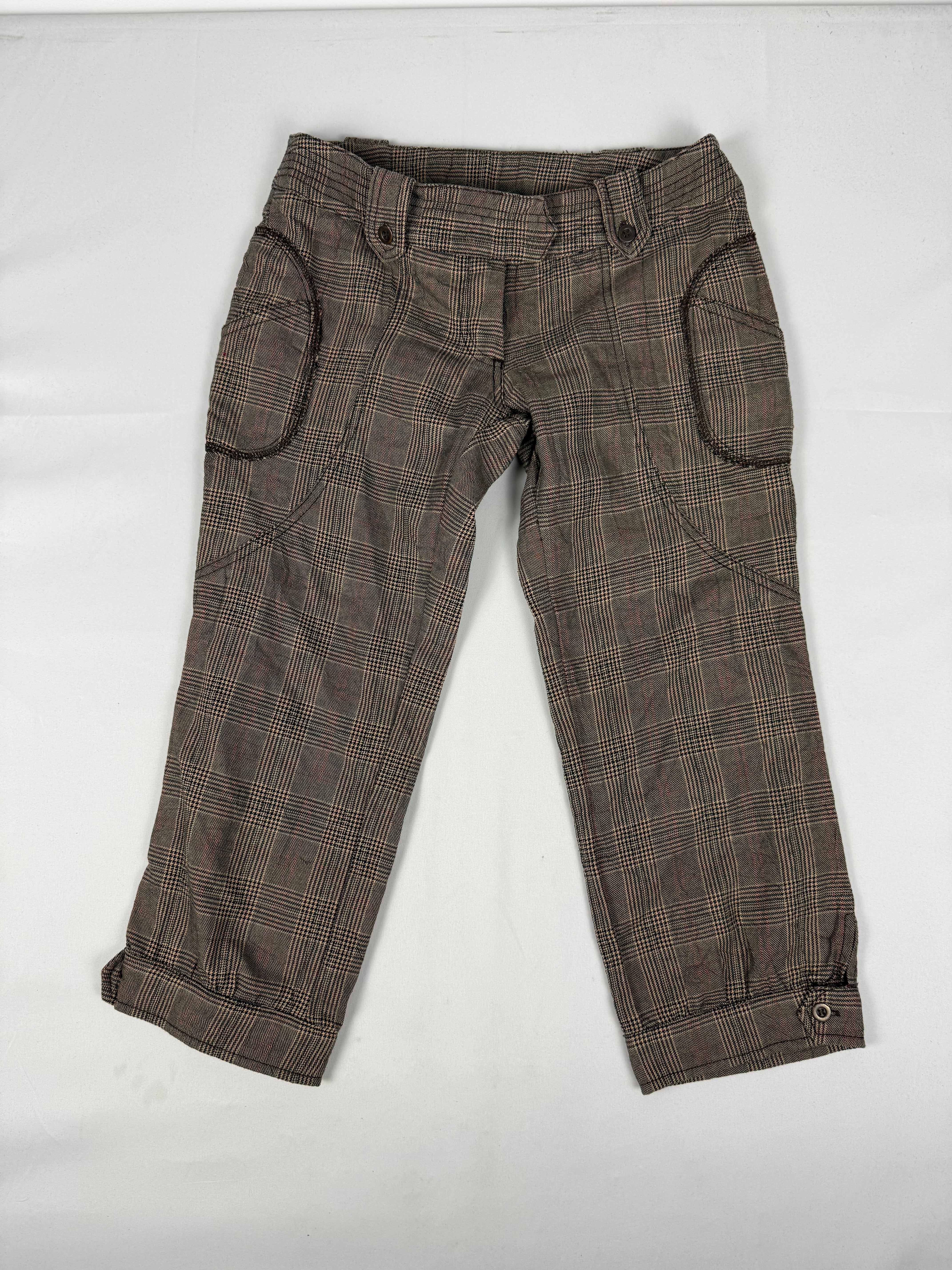 Brown check print low waist capri pants (S)