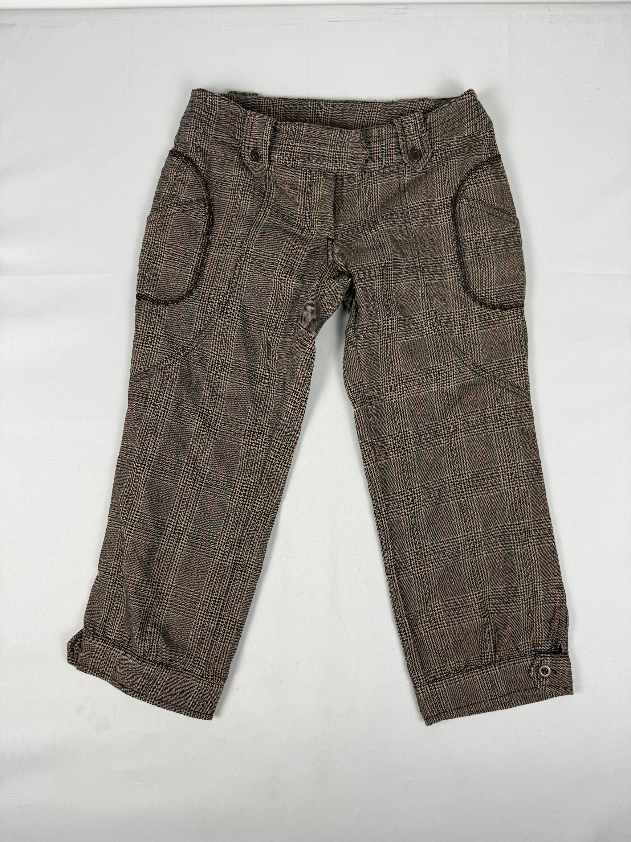 Brown check print low waist capri pants (S)