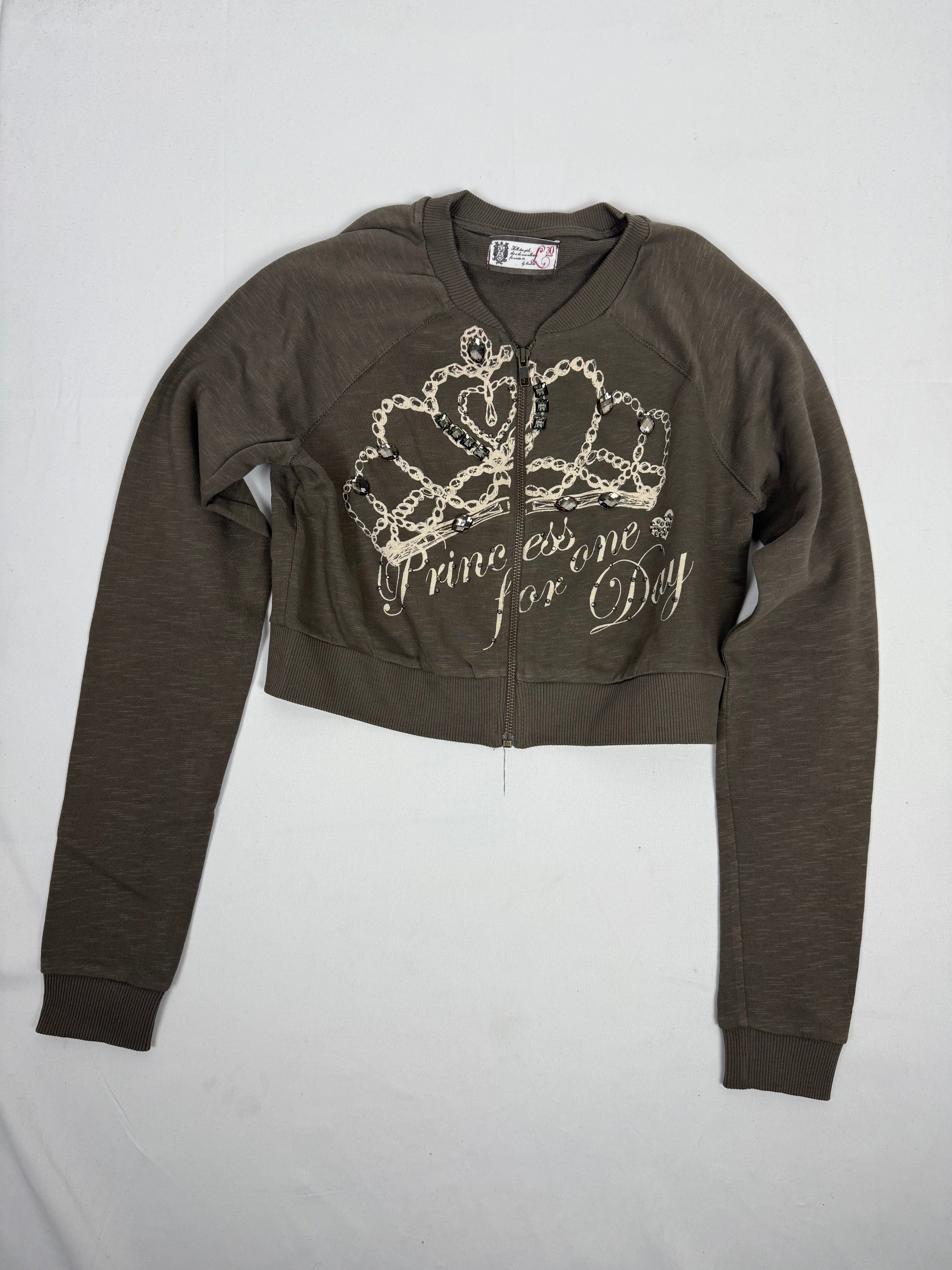 Khaki crop zip up crown print sweatshirt (L)