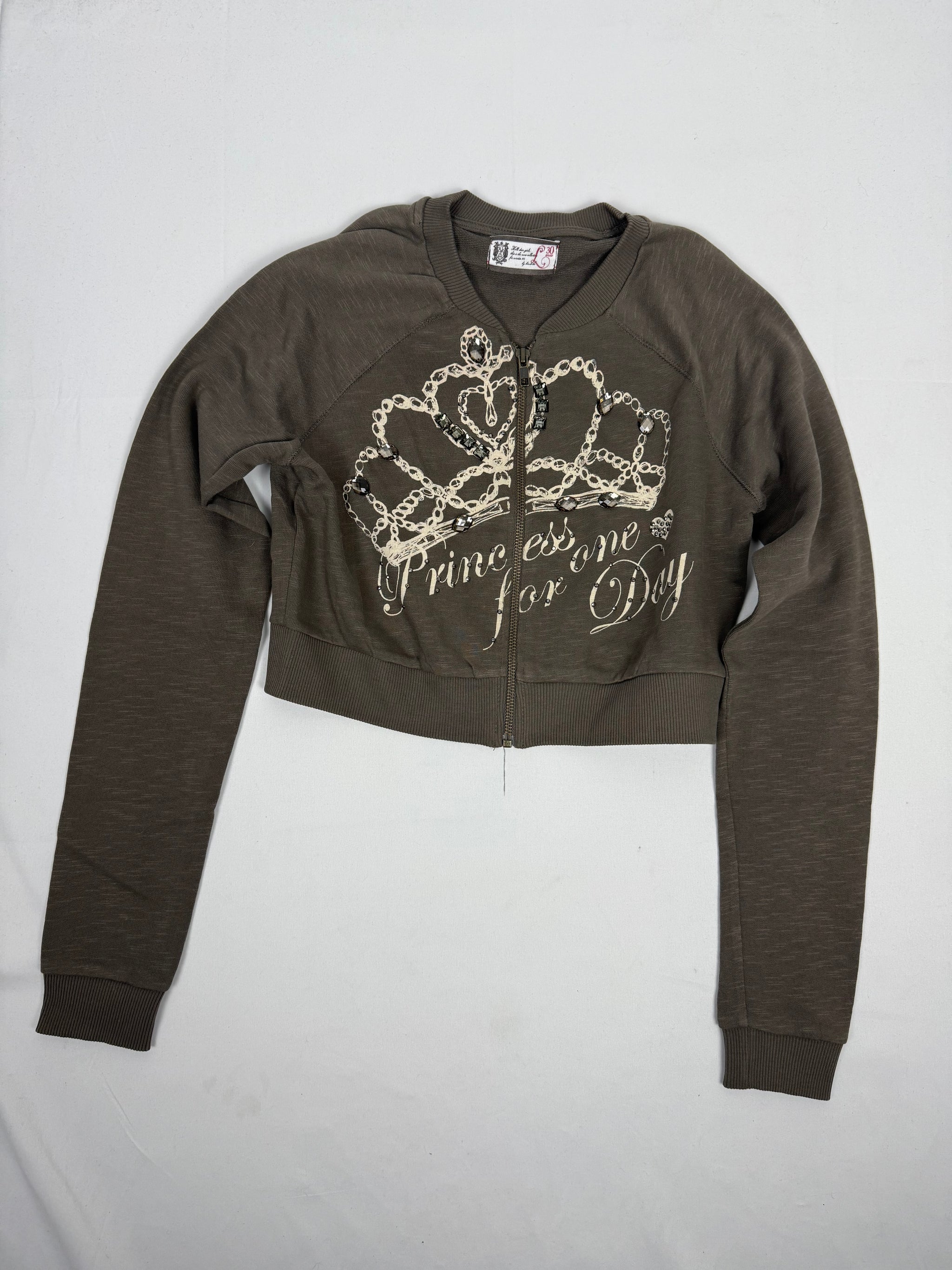 Khaki crop zip up crown print sweatshirt (L)