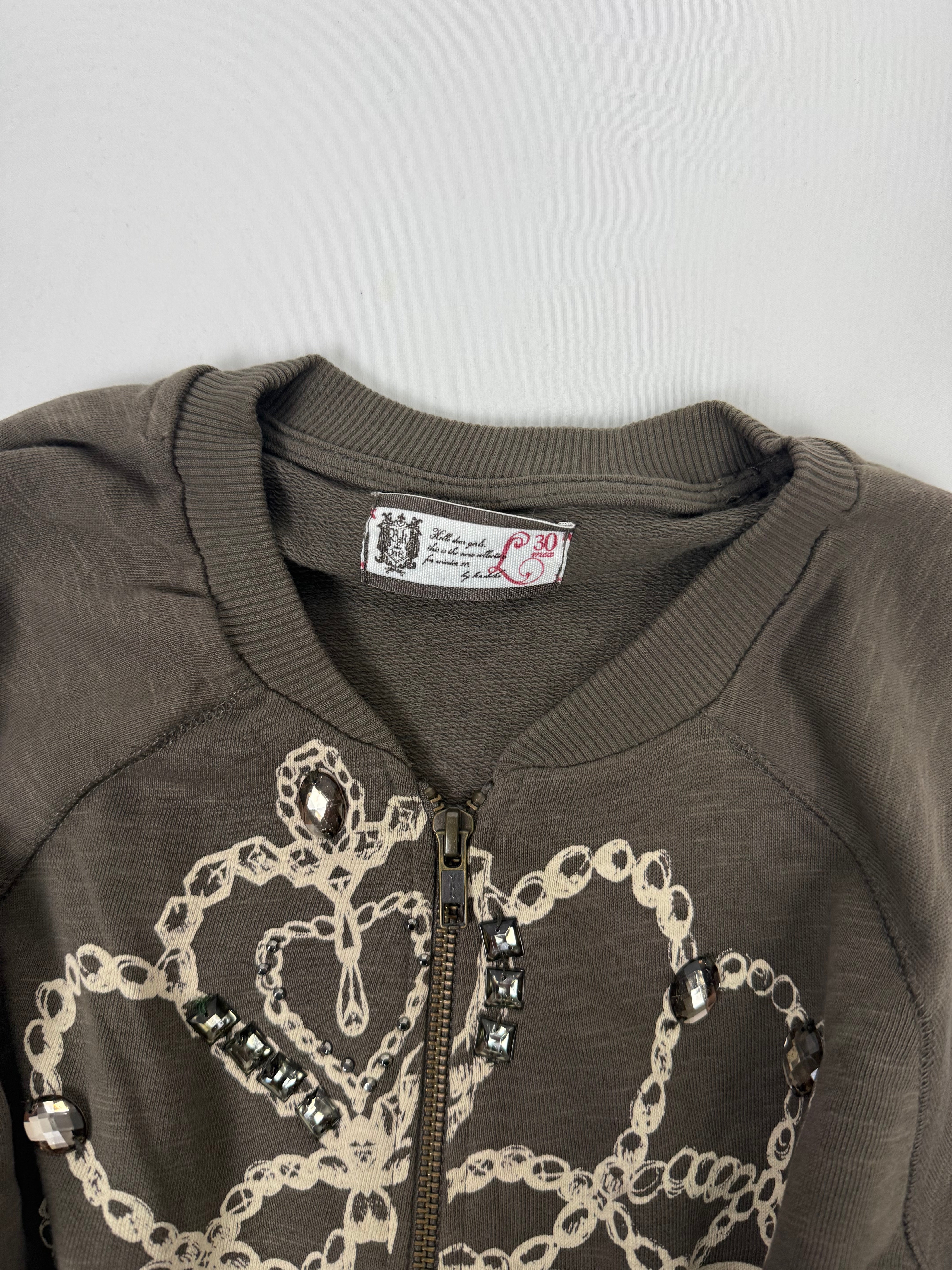 Khaki crop zip up crown print sweatshirt (L)