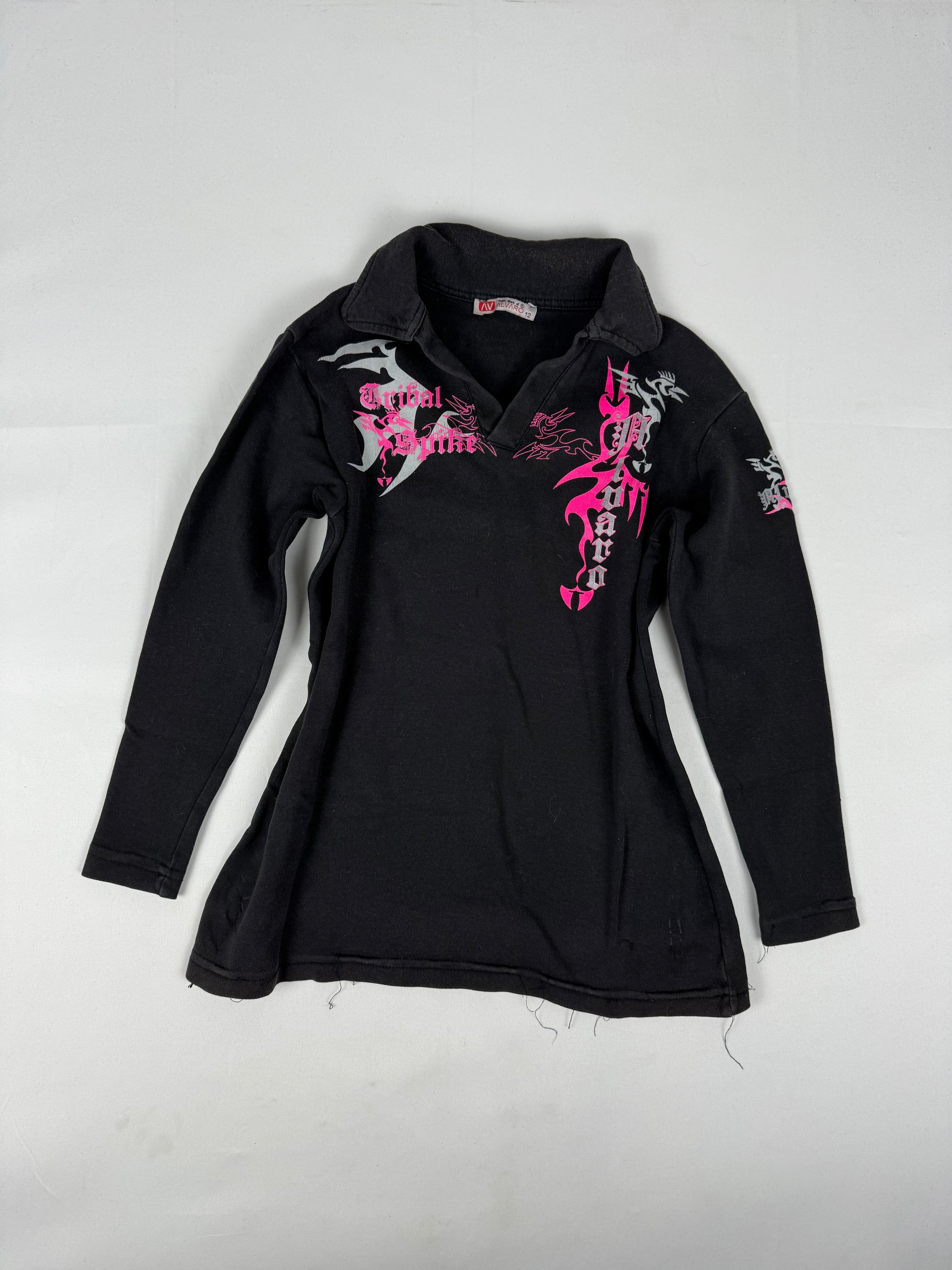 Black graphic polo neck long sleeves top (S)
