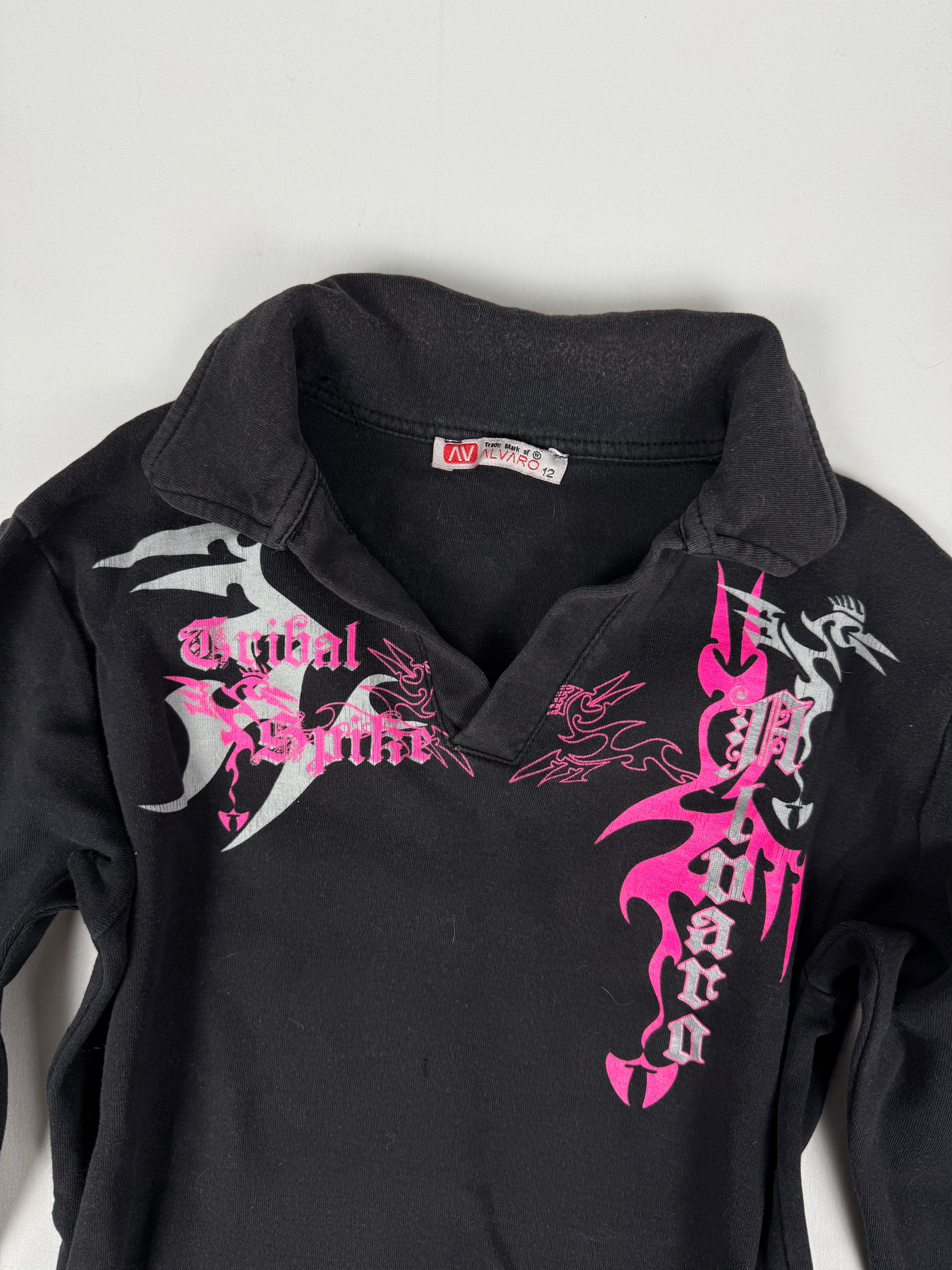 Black graphic polo neck long sleeves top (S)