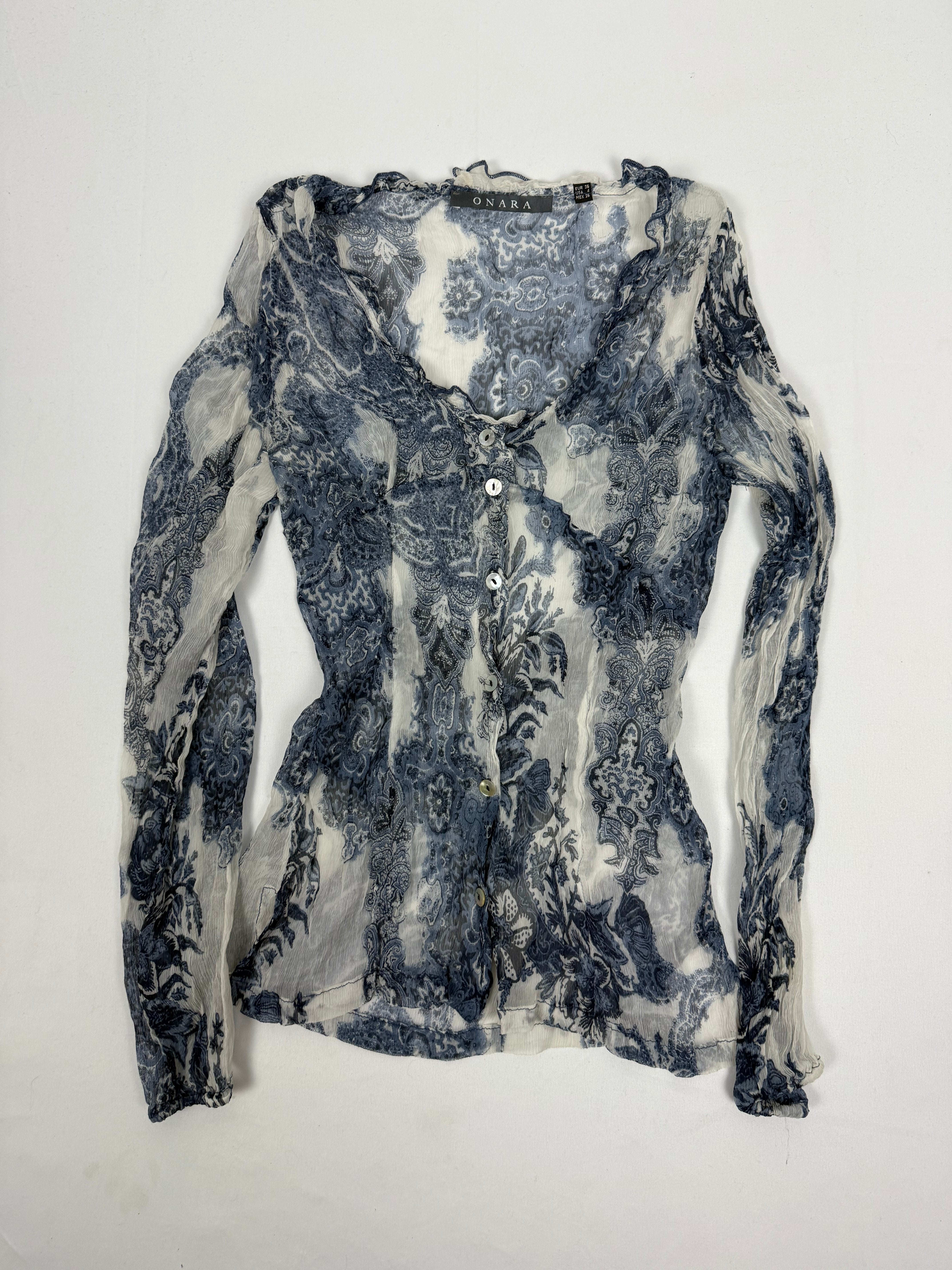 Blue see trough mesh silky long sleeves top (S)